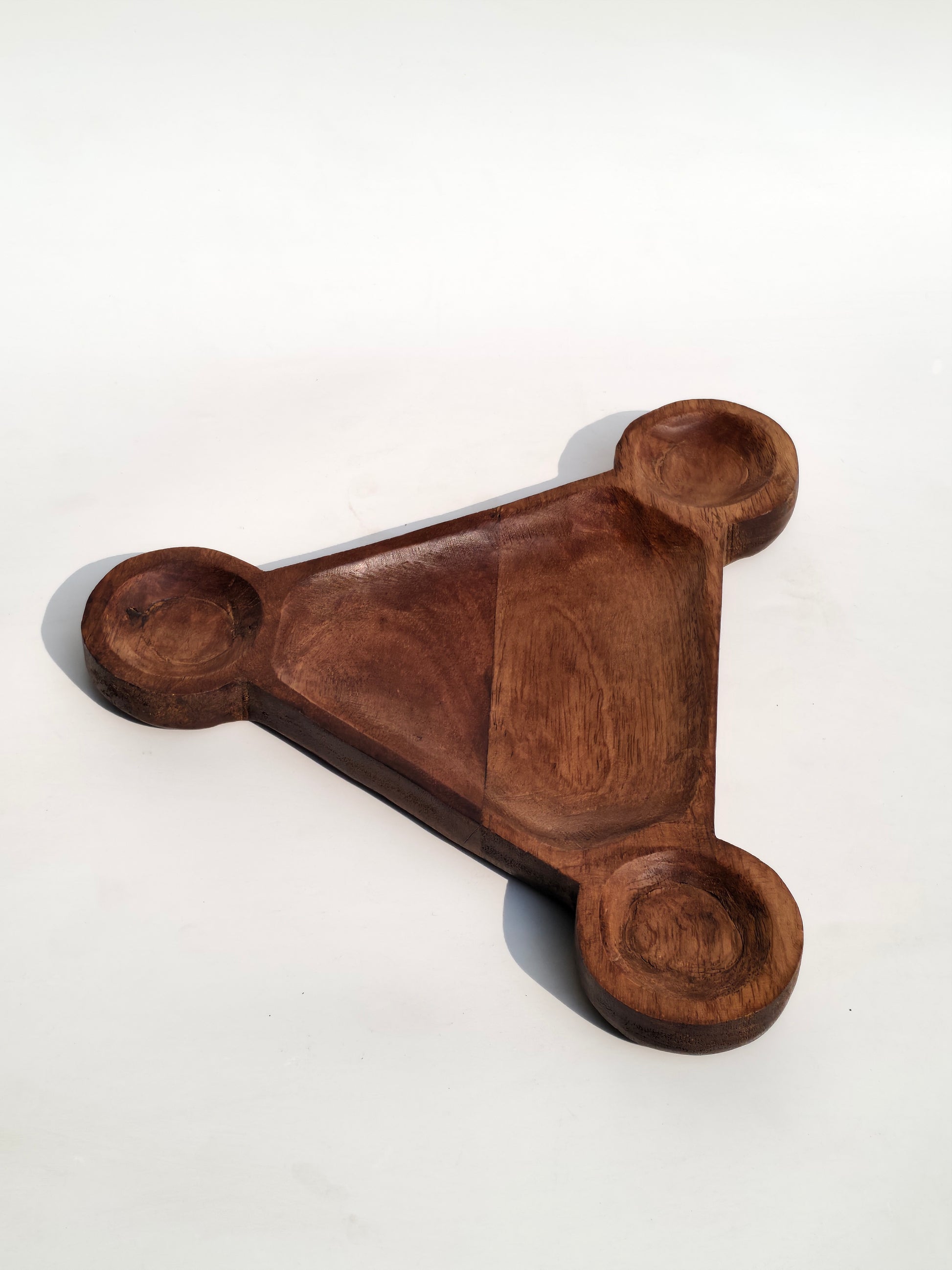 Handcrafted Triangular Wooden Snack Tray – Multipurpose 3-Section Serving Platter