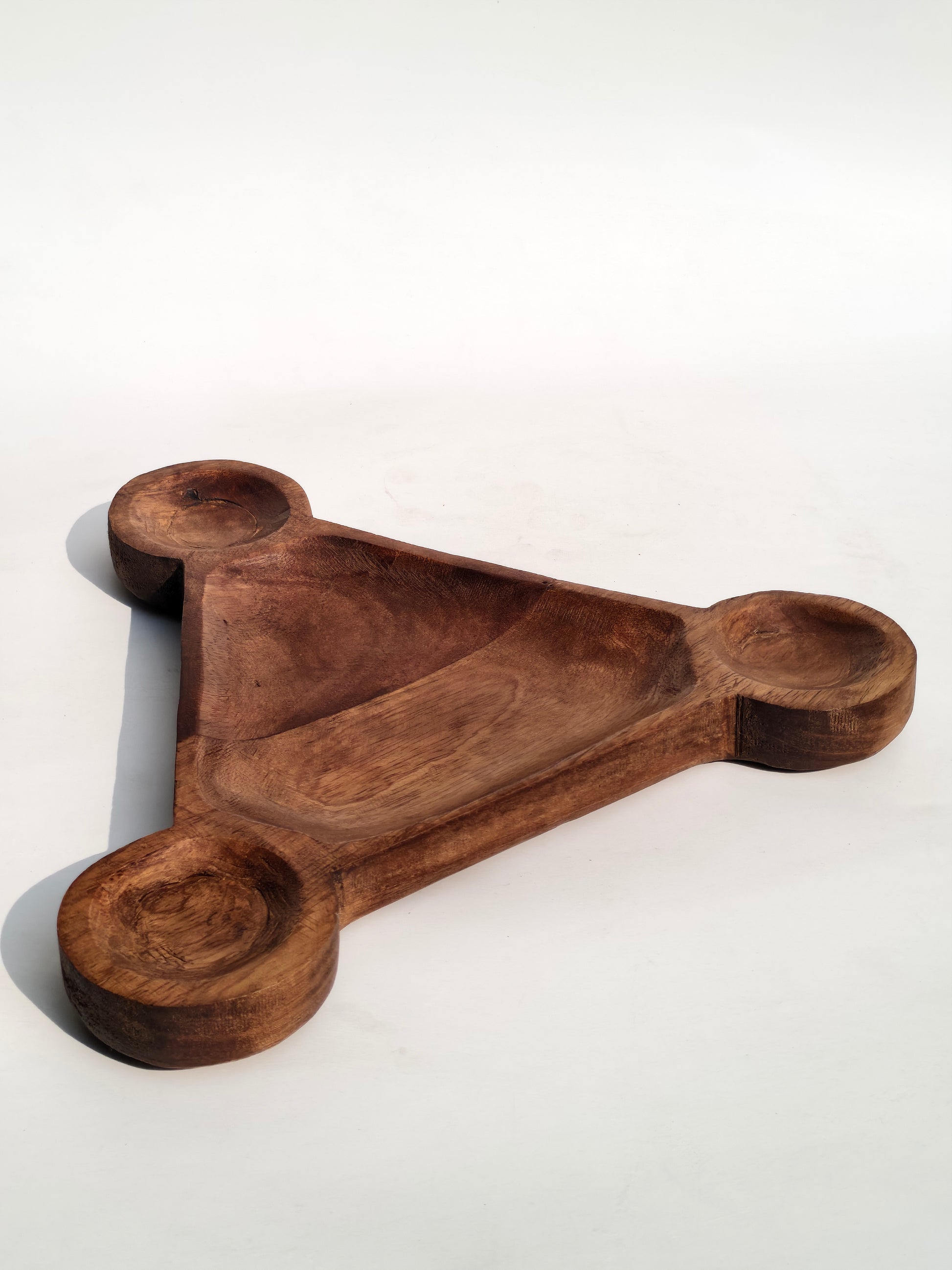 Handcrafted Triangular Wooden Snack Tray – Multipurpose 3-Section Serving Platter
