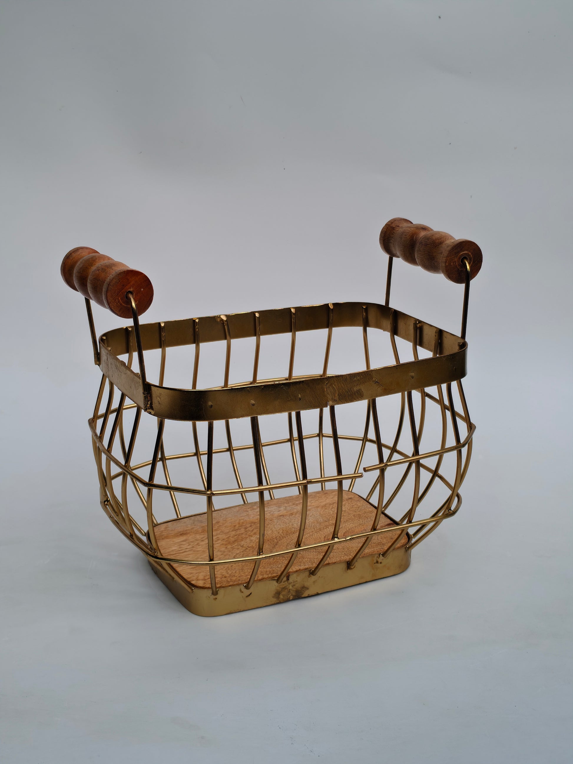 Gold Metal Wire Storage Basket with Wooden Handles