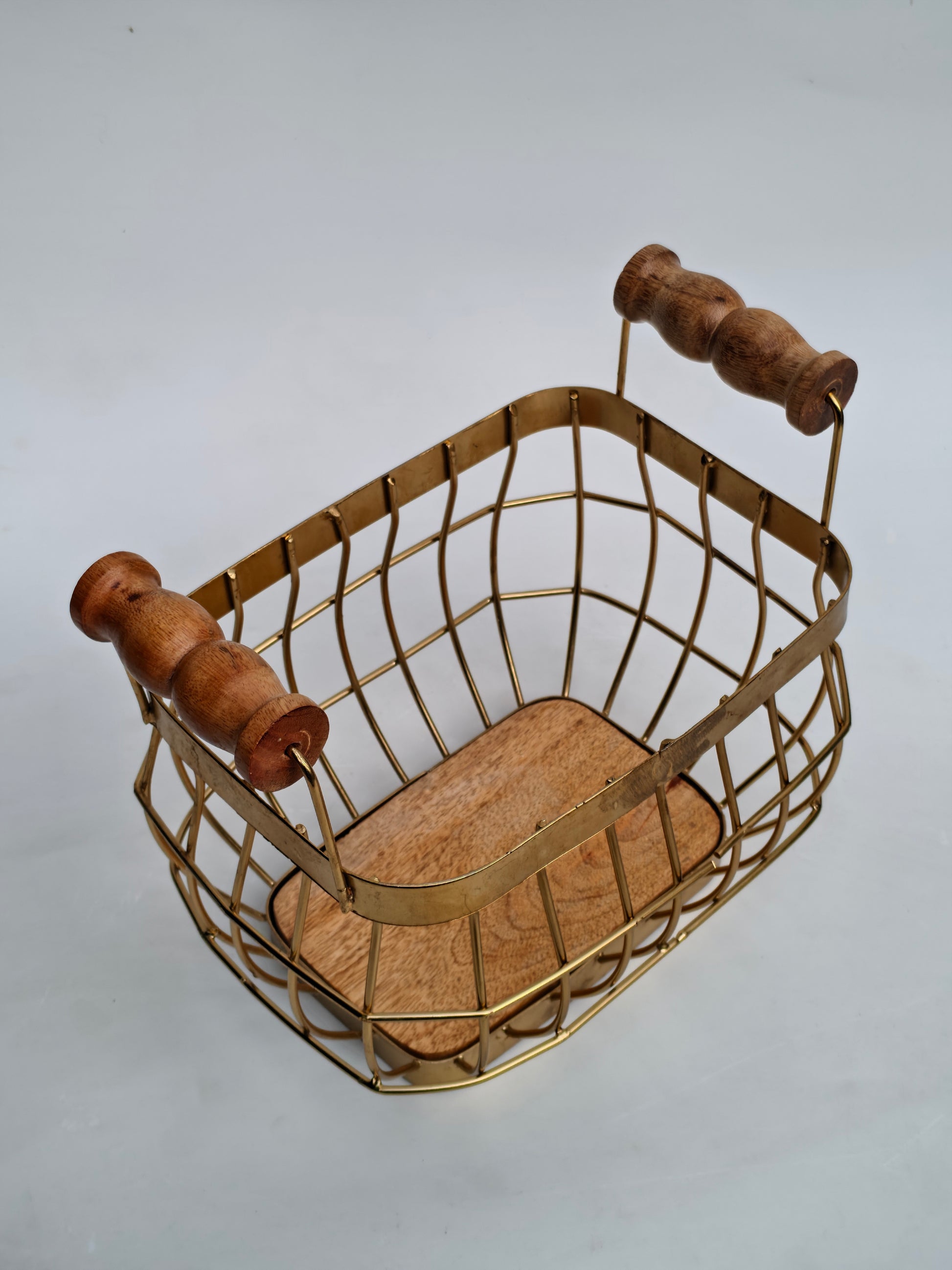 Gold Metal Wire Storage Basket with Wooden Handles