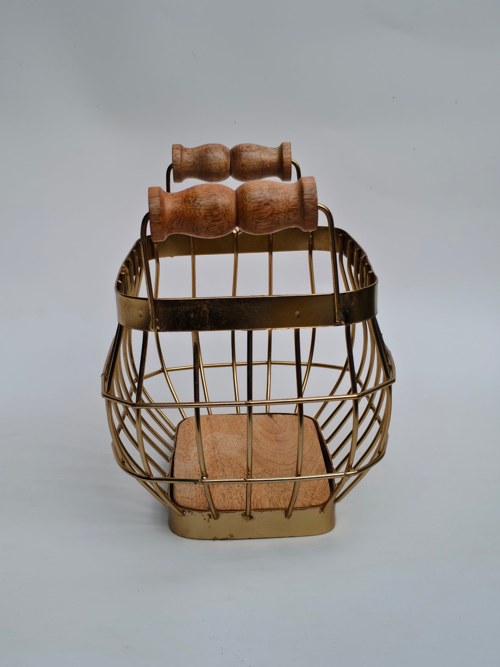Gold Metal Wire Storage Basket with Wooden Handles