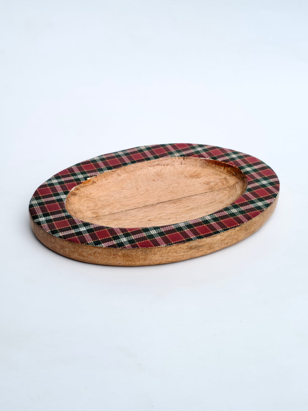 Handcrafted Wooden Oval Platter with Tartan Rim