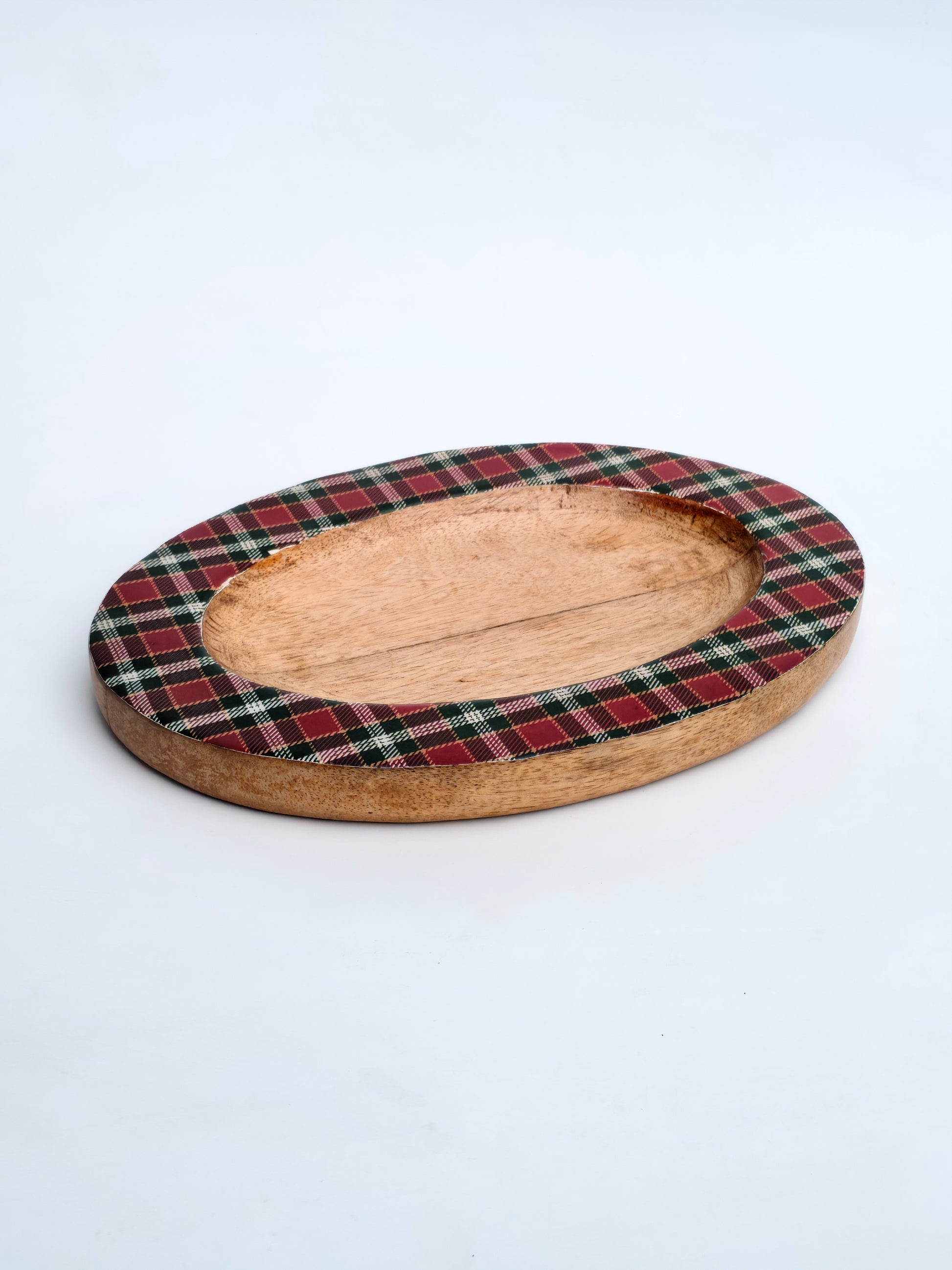 Handcrafted Wooden Oval Platter with Tartan Rim