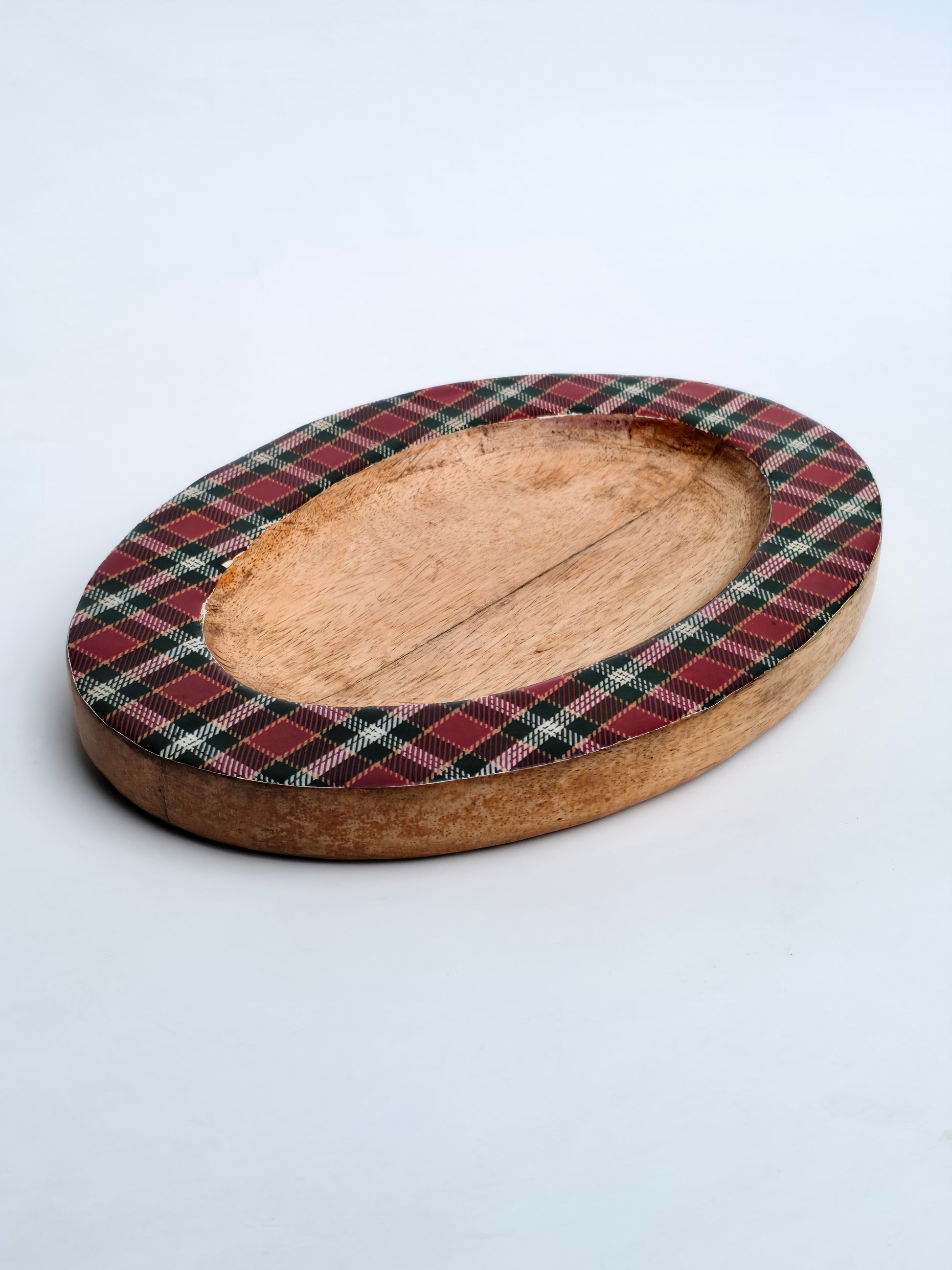 Handcrafted Wooden Oval Platter with Tartan Rim