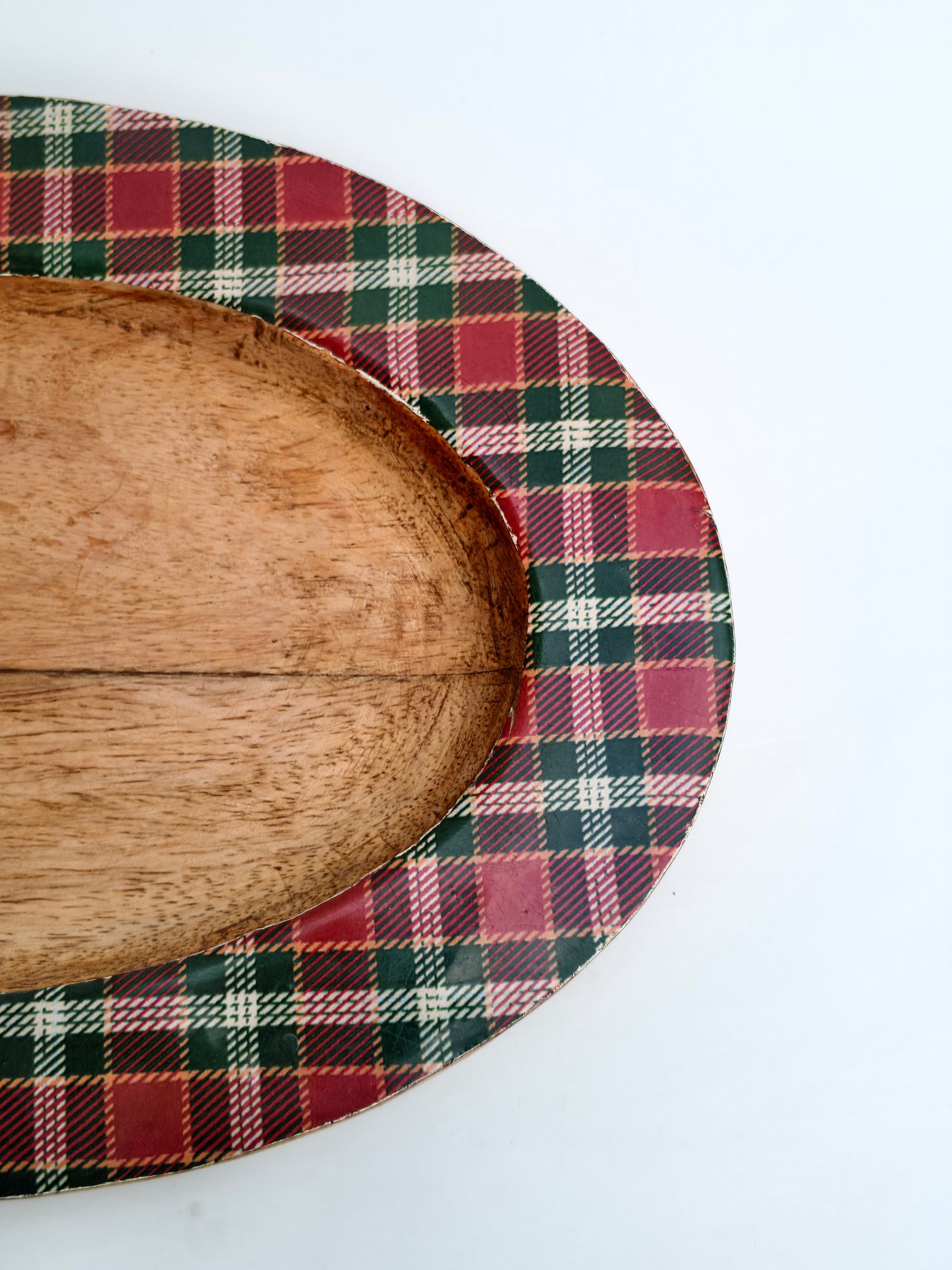 Handcrafted Wooden Oval Platter with Tartan Rim