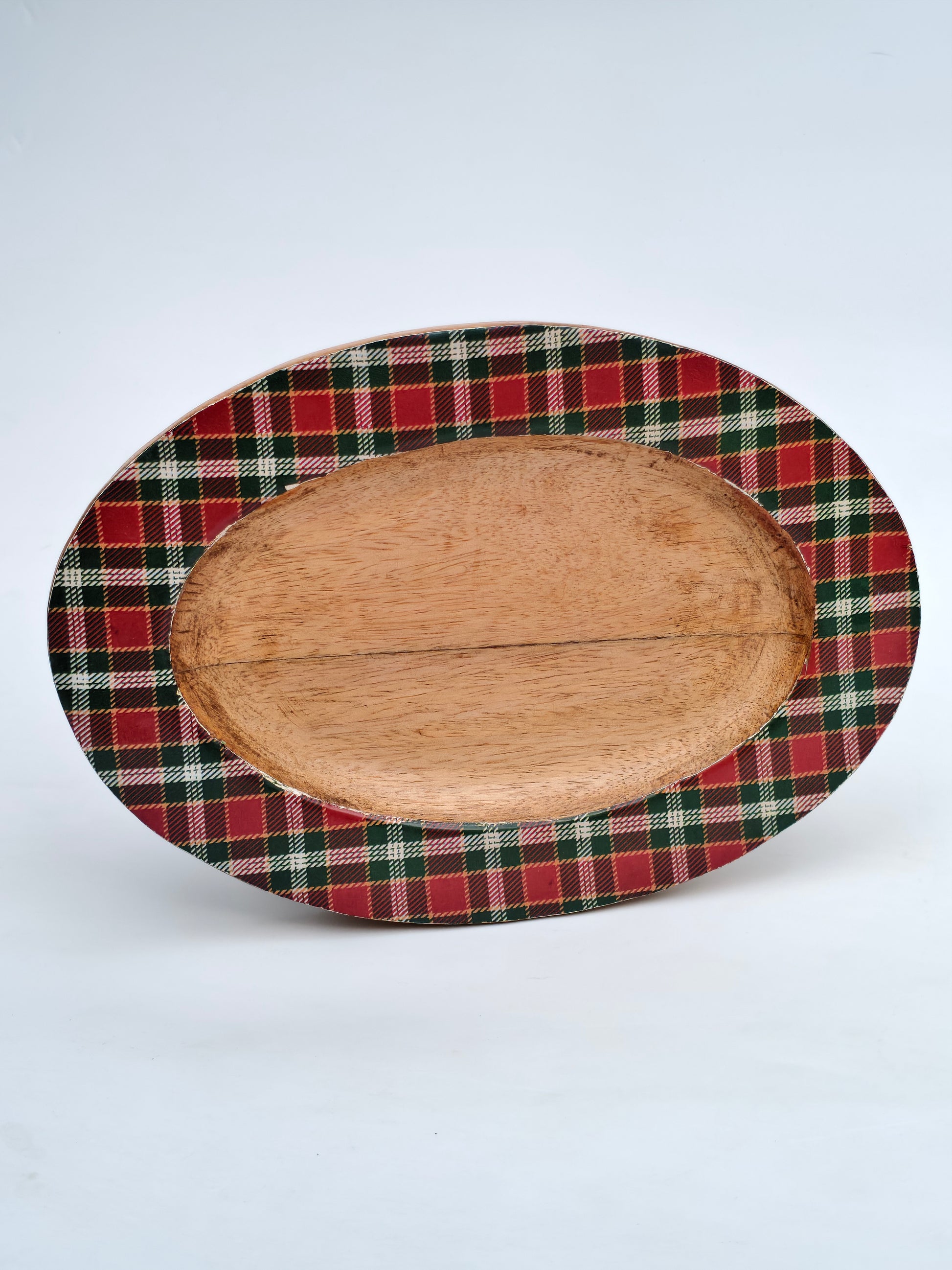Handcrafted Wooden Oval Platter with Tartan Rim