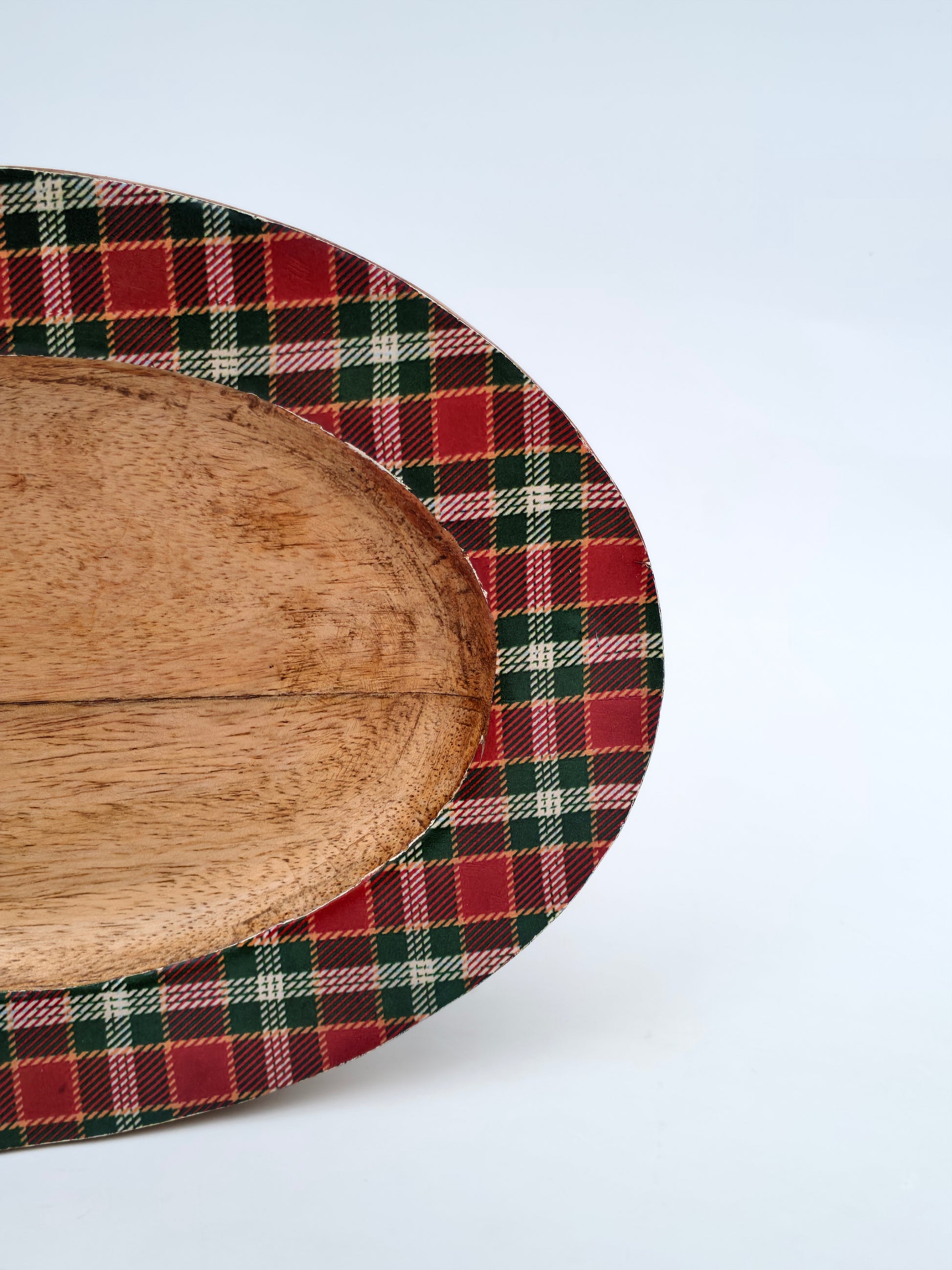 Handcrafted Wooden Oval Platter with Tartan Rim
