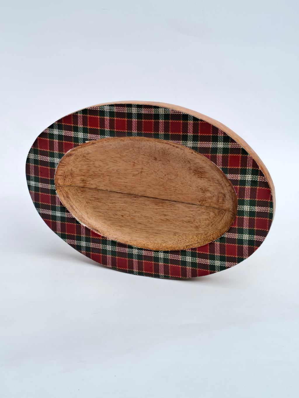 Handcrafted Wooden Oval Platter with Tartan Rim