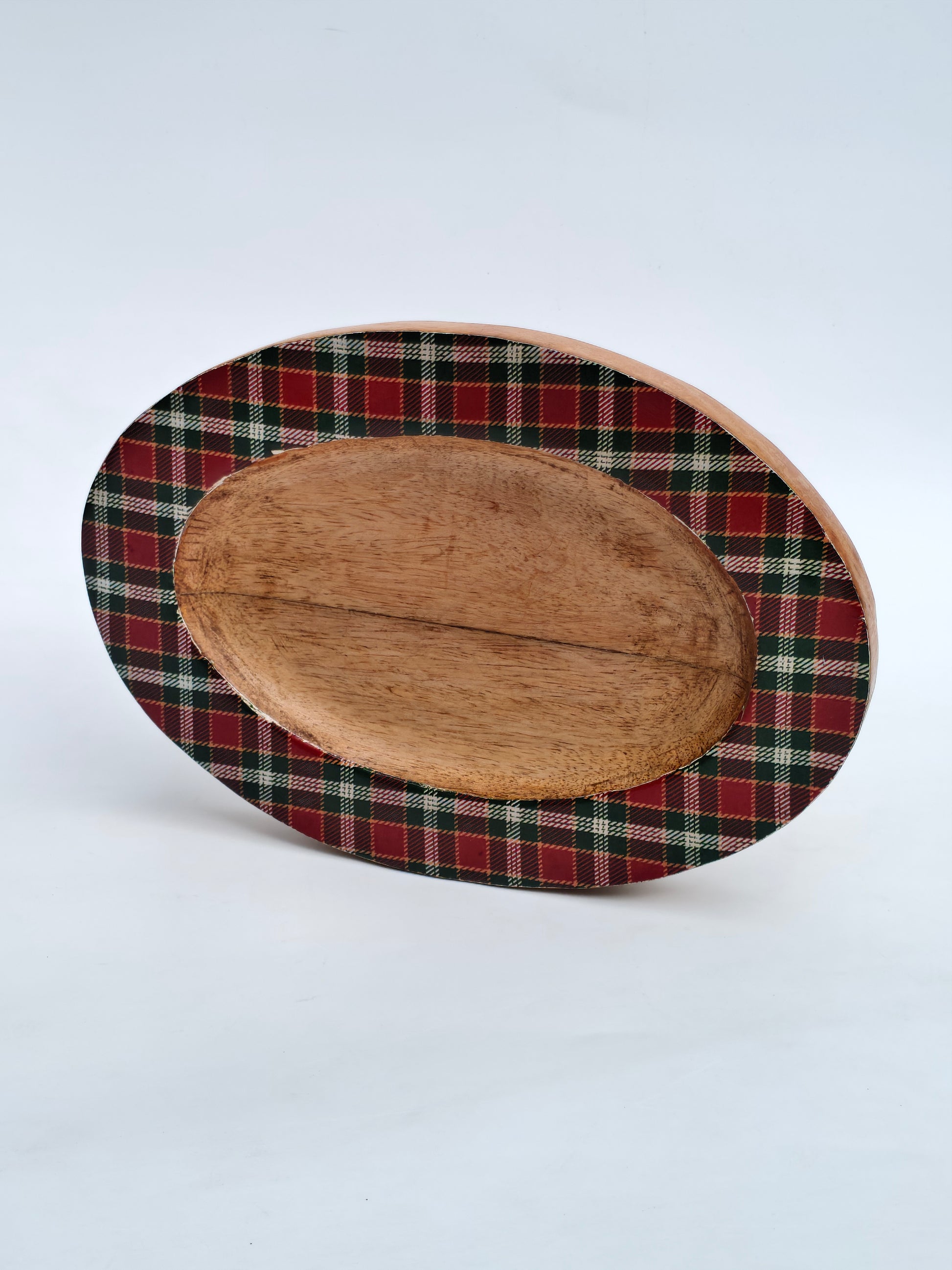 Handcrafted Wooden Oval Platter with Tartan Rim