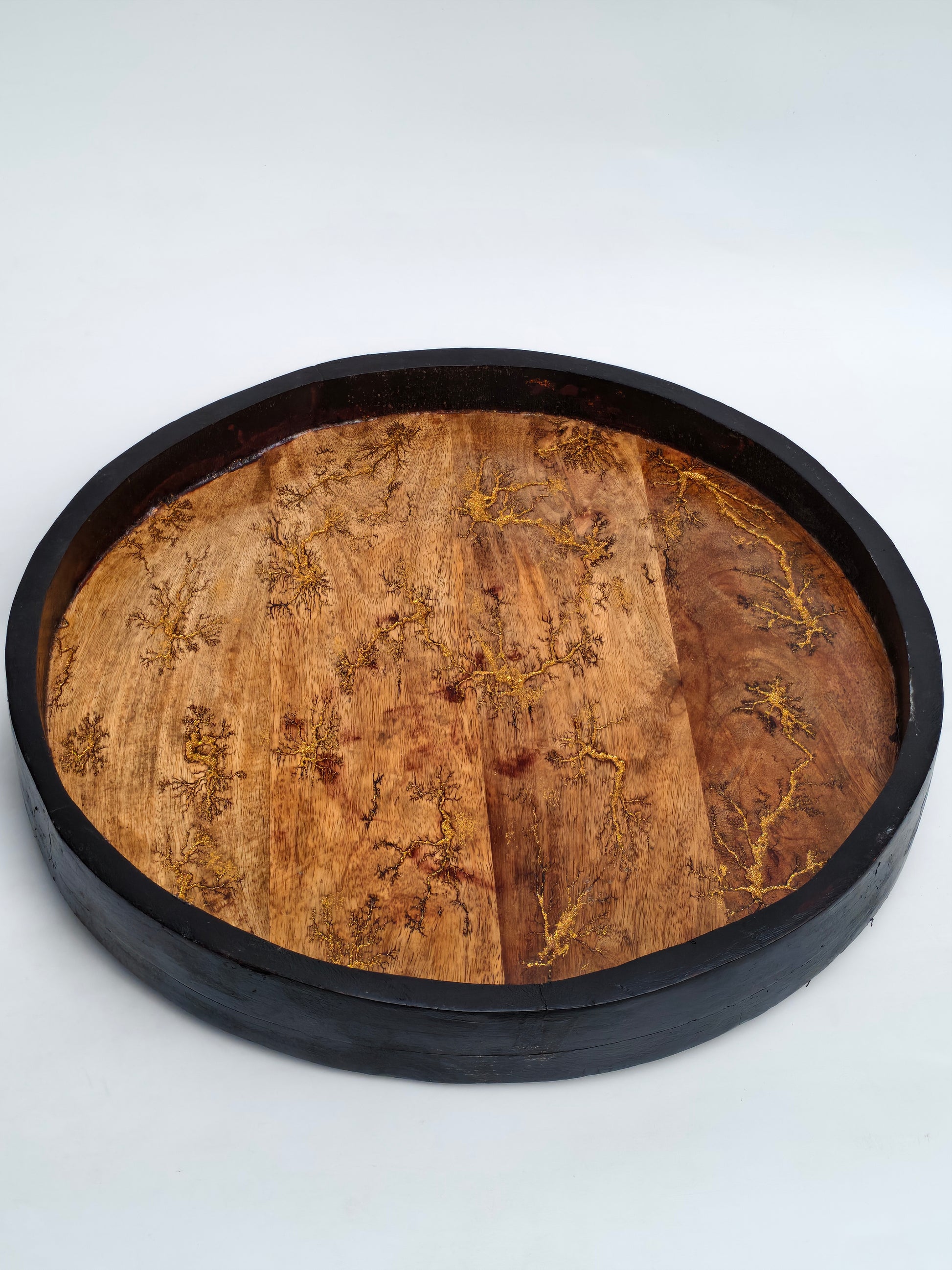 Fractal Burned Rotating Wooden Serving Tray – Lazy Susan with Gold Vein Detailing