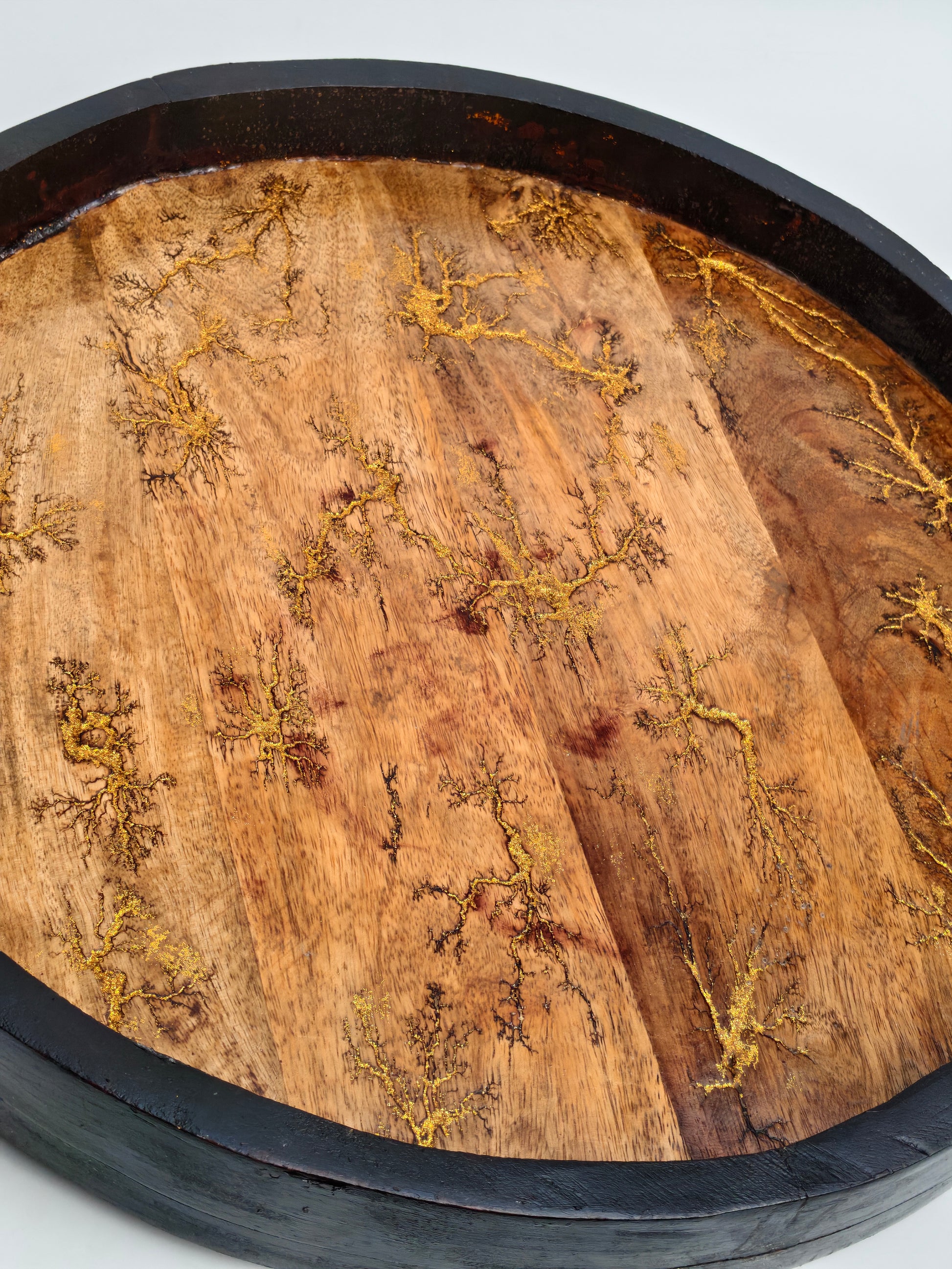 Fractal Burned Rotating Wooden Serving Tray – Lazy Susan with Gold Vein Detailing