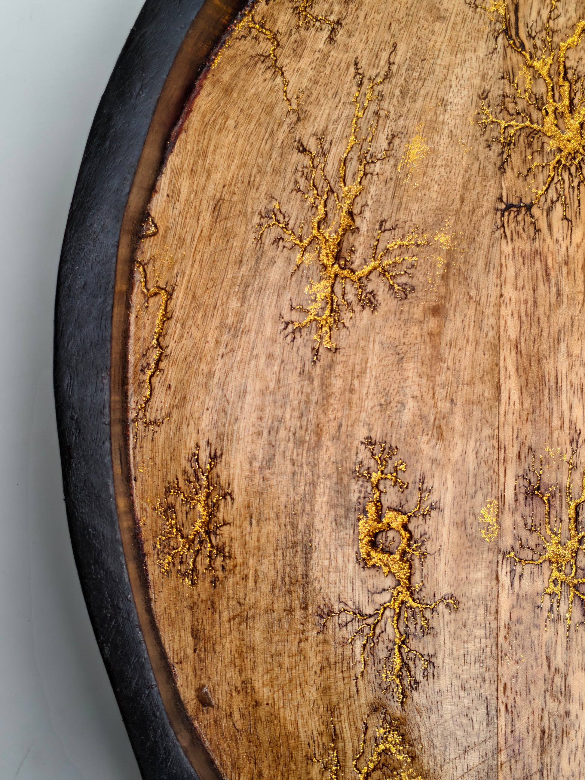 Fractal Burned Rotating Wooden Serving Tray – Lazy Susan with Gold Vein Detailing
