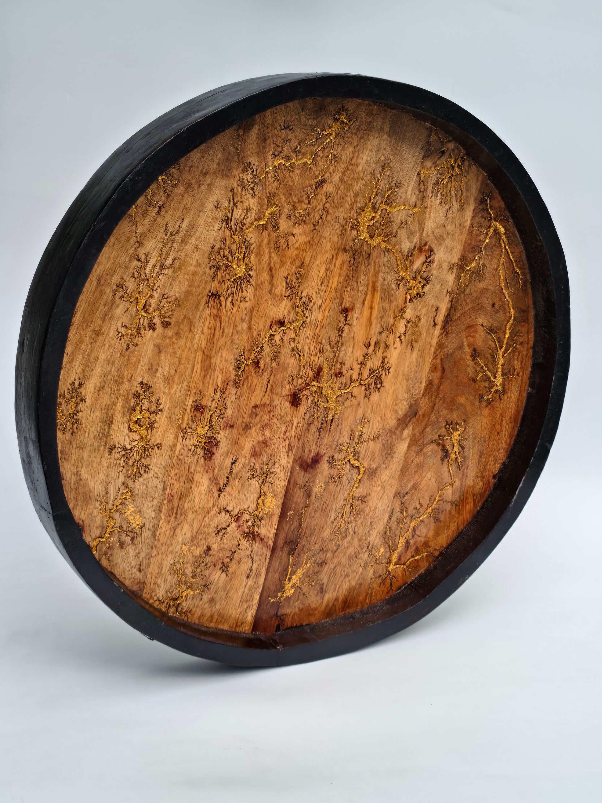Fractal Burned Rotating Wooden Serving Tray – Lazy Susan with Gold Vein Detailing