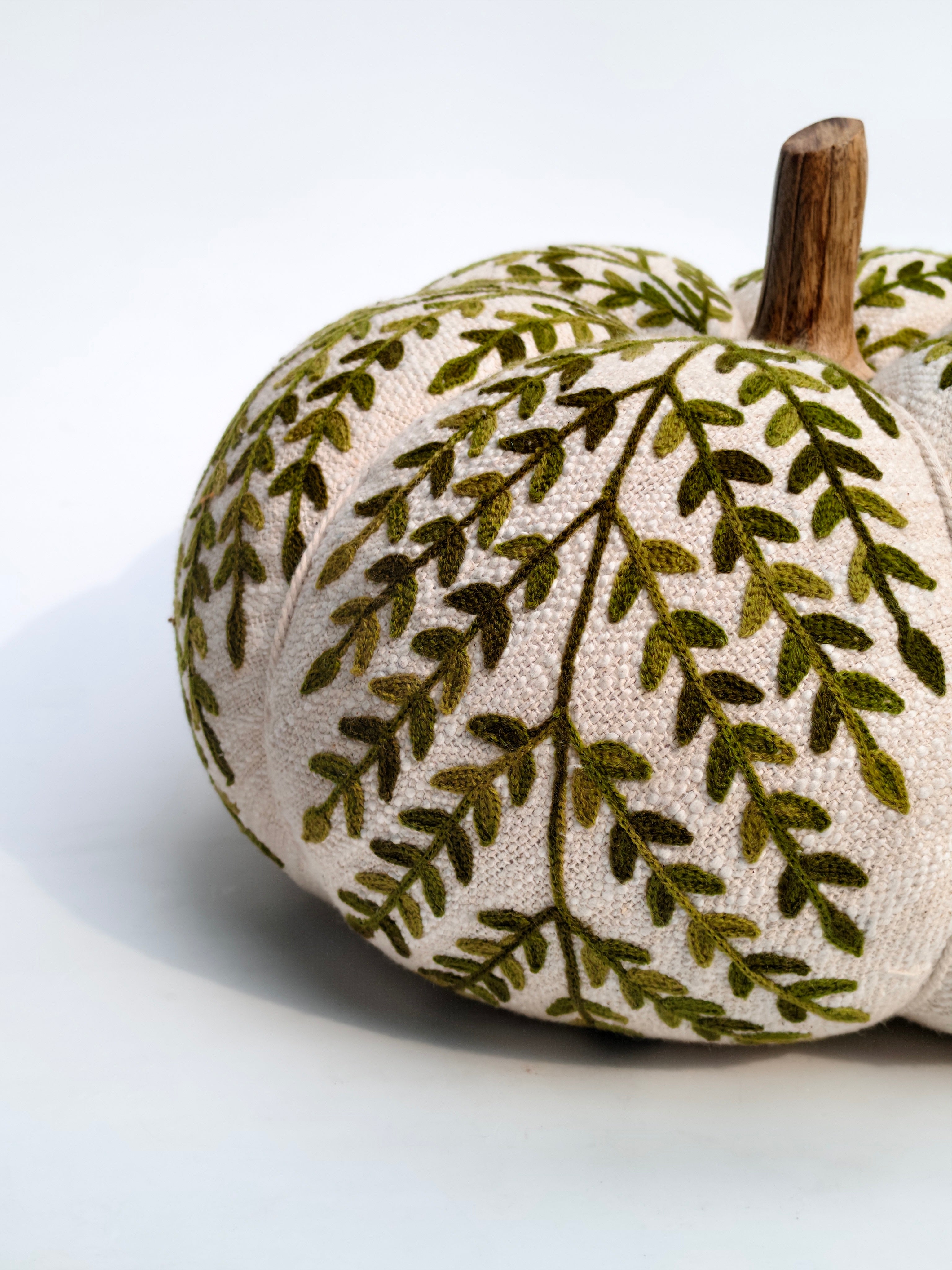 Embroidered Decorative Pumpkin – Green Vine Detailing
