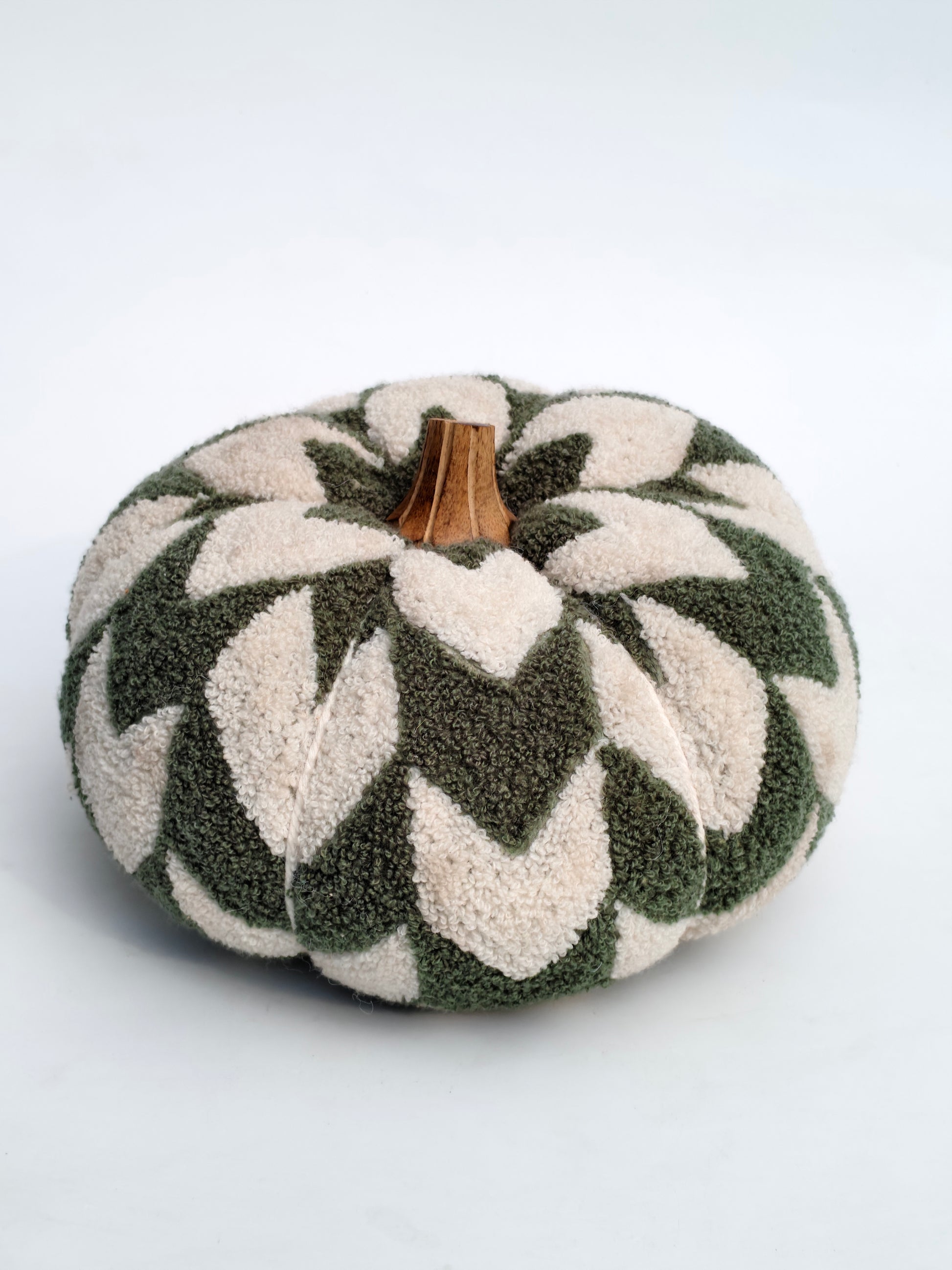 Tufted Decorative Pumpkin – Olive & Ivory Leaf Pattern
