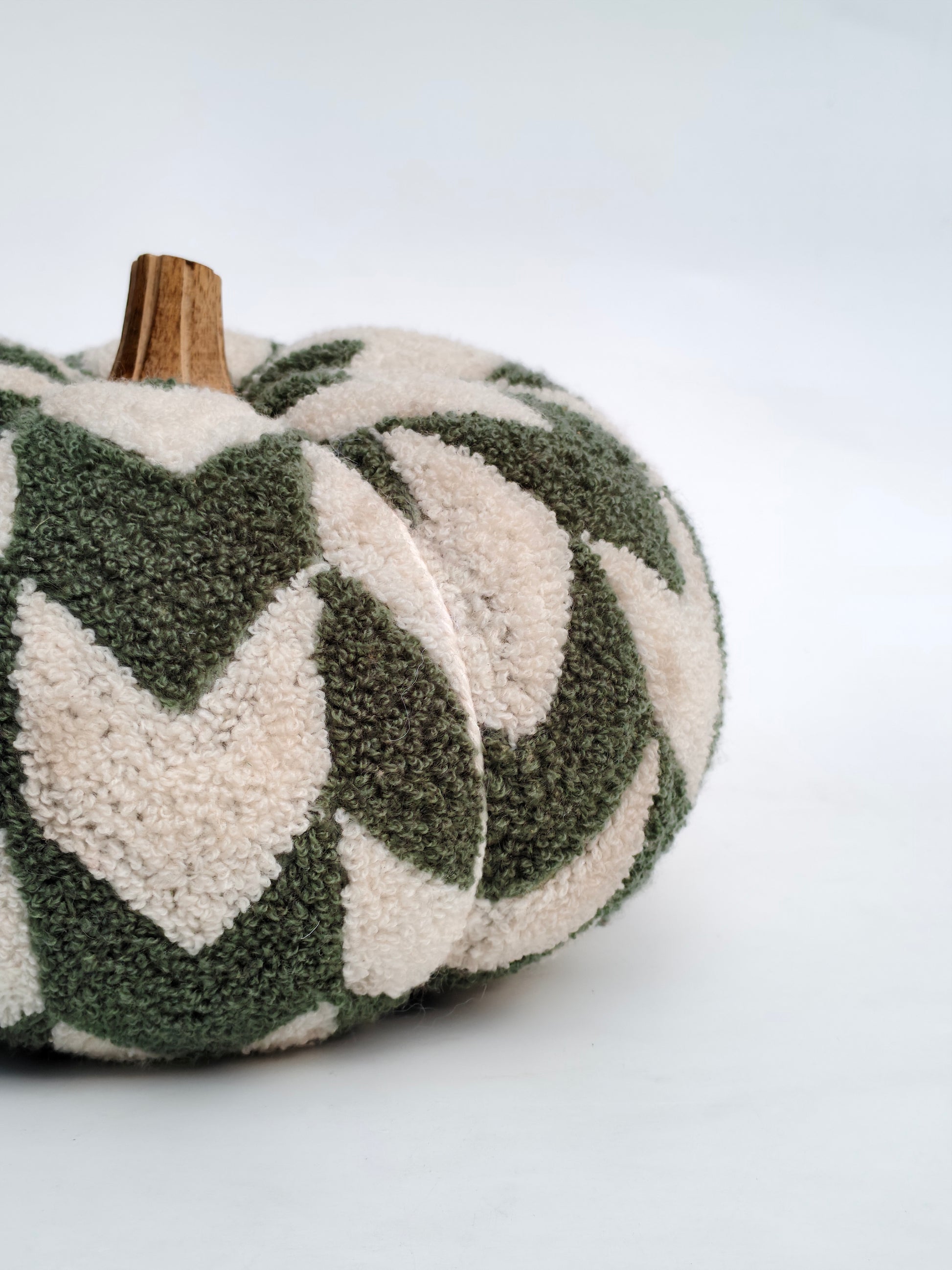 Tufted Decorative Pumpkin – Olive & Ivory Leaf Pattern