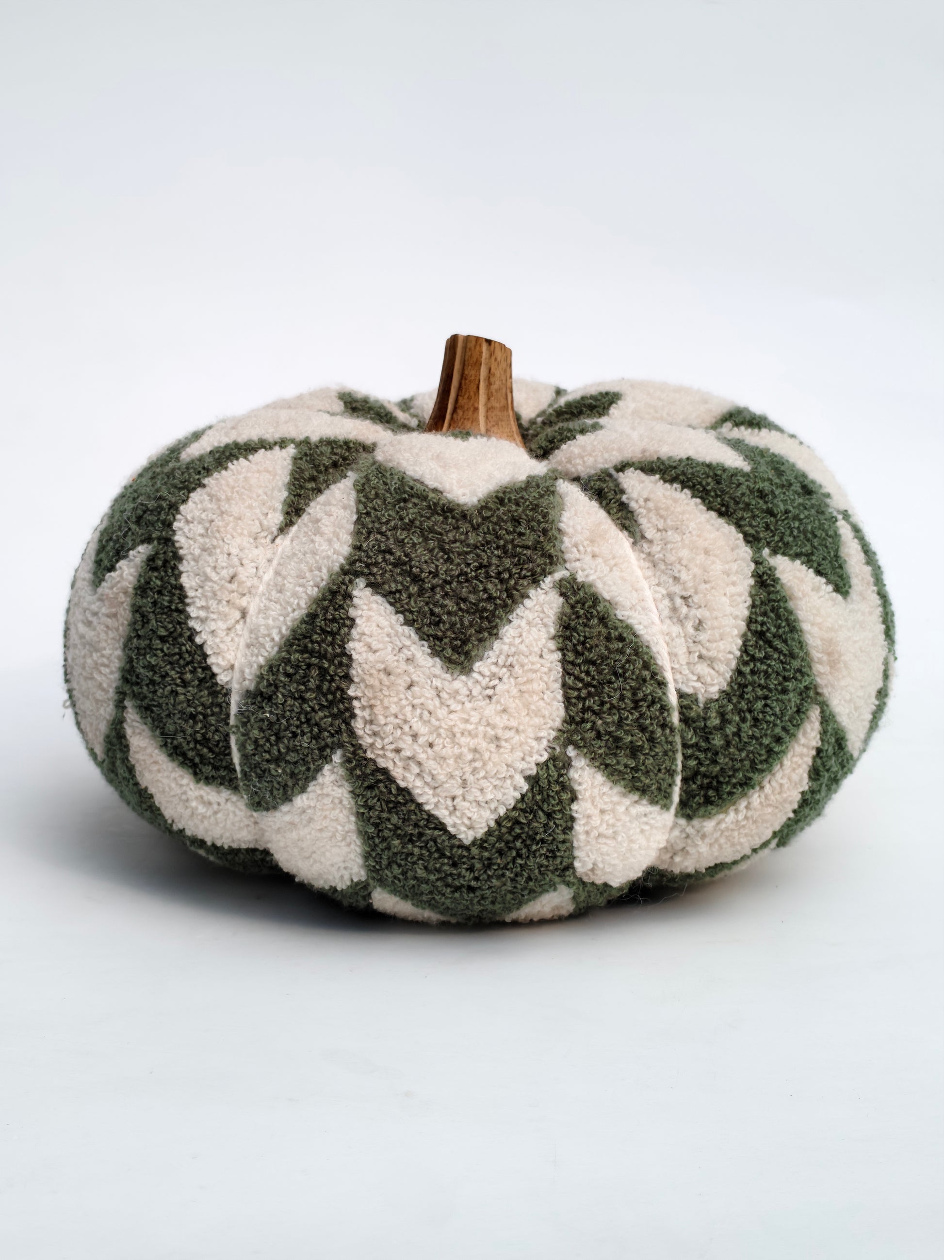 Tufted Decorative Pumpkin – Olive & Ivory Leaf Pattern