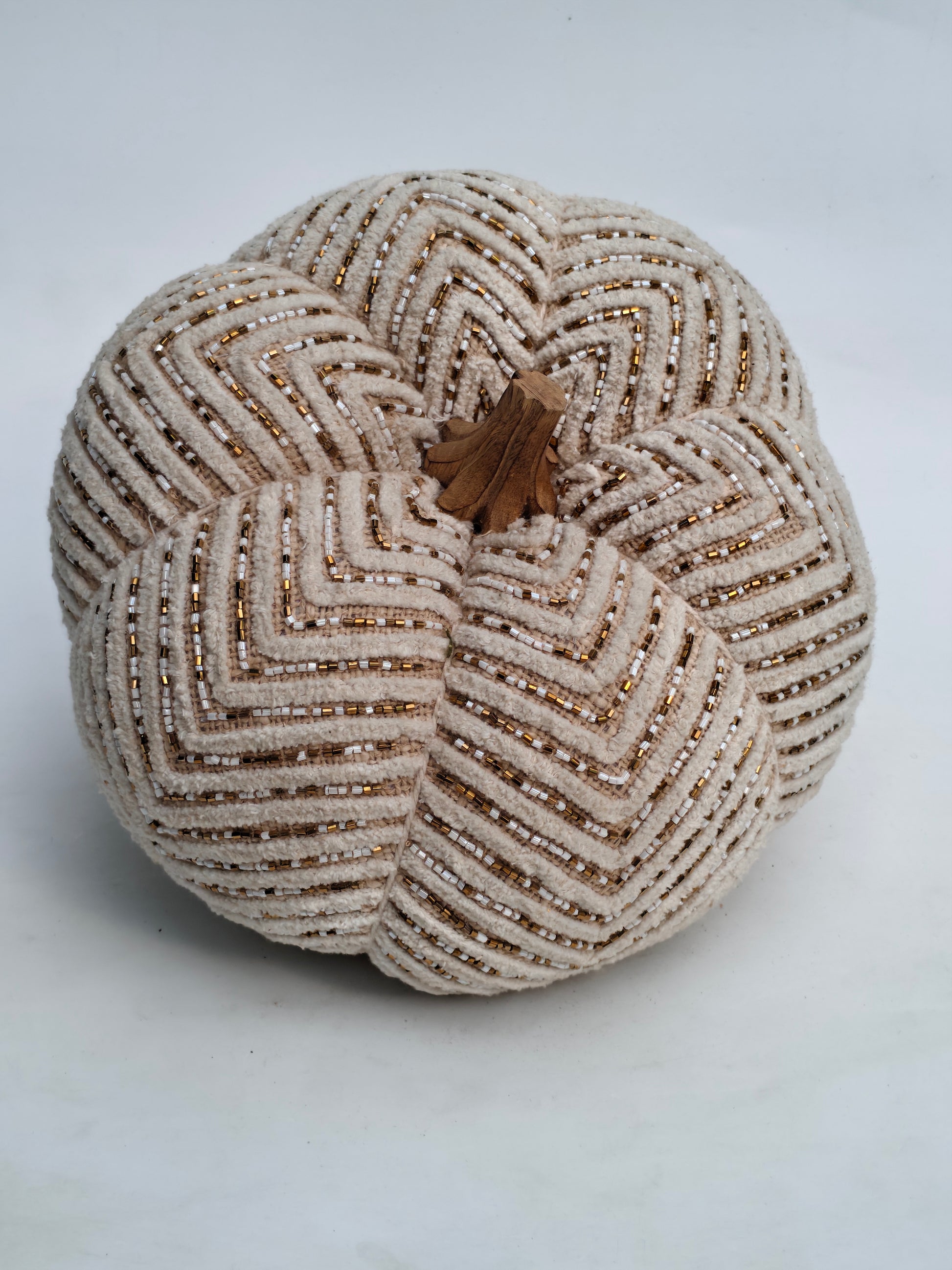 Elegant Beaded Decorative Pumpkin – Ivory & Gold Accent