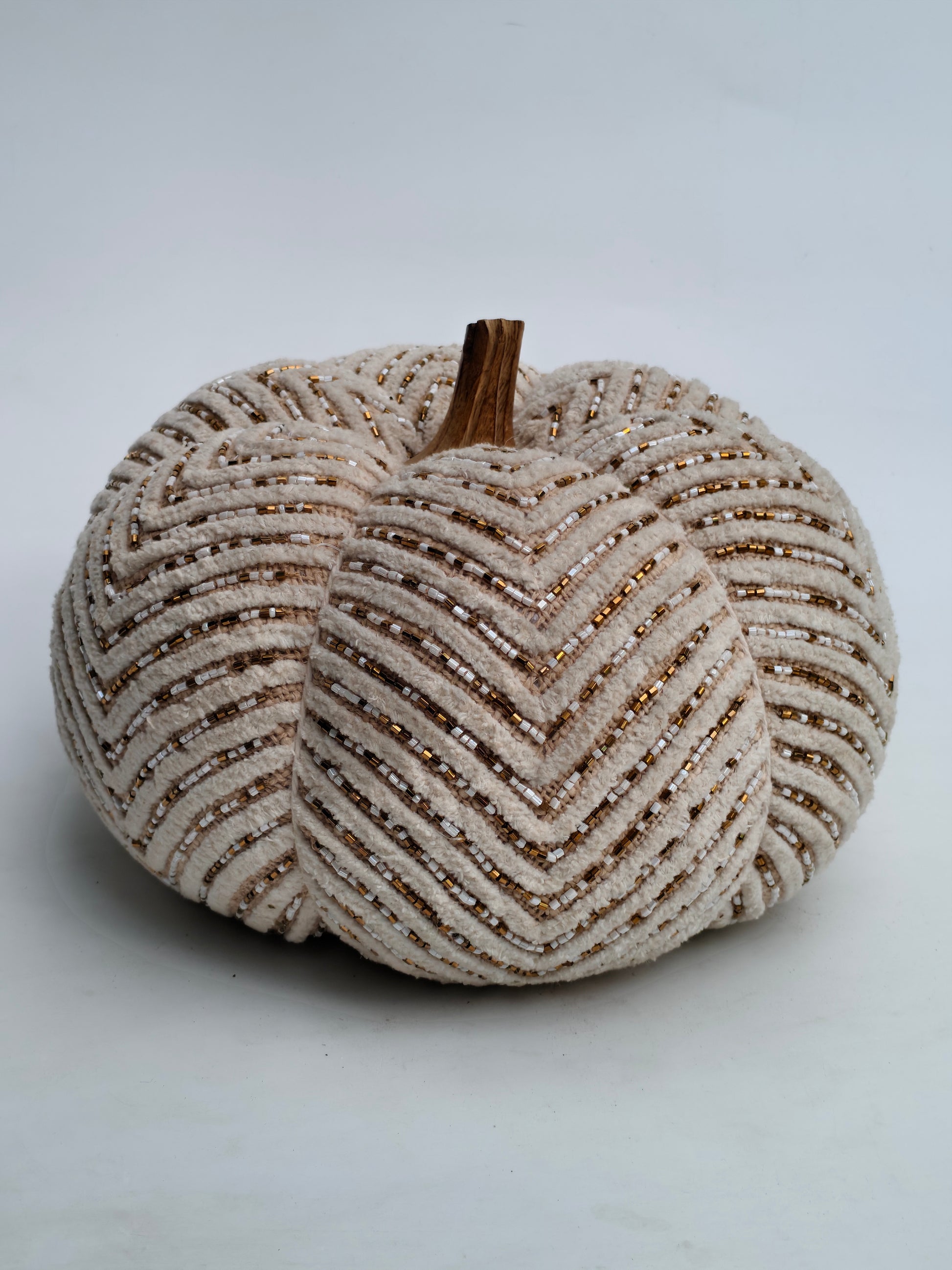 Elegant Beaded Decorative Pumpkin – Ivory & Gold Accent