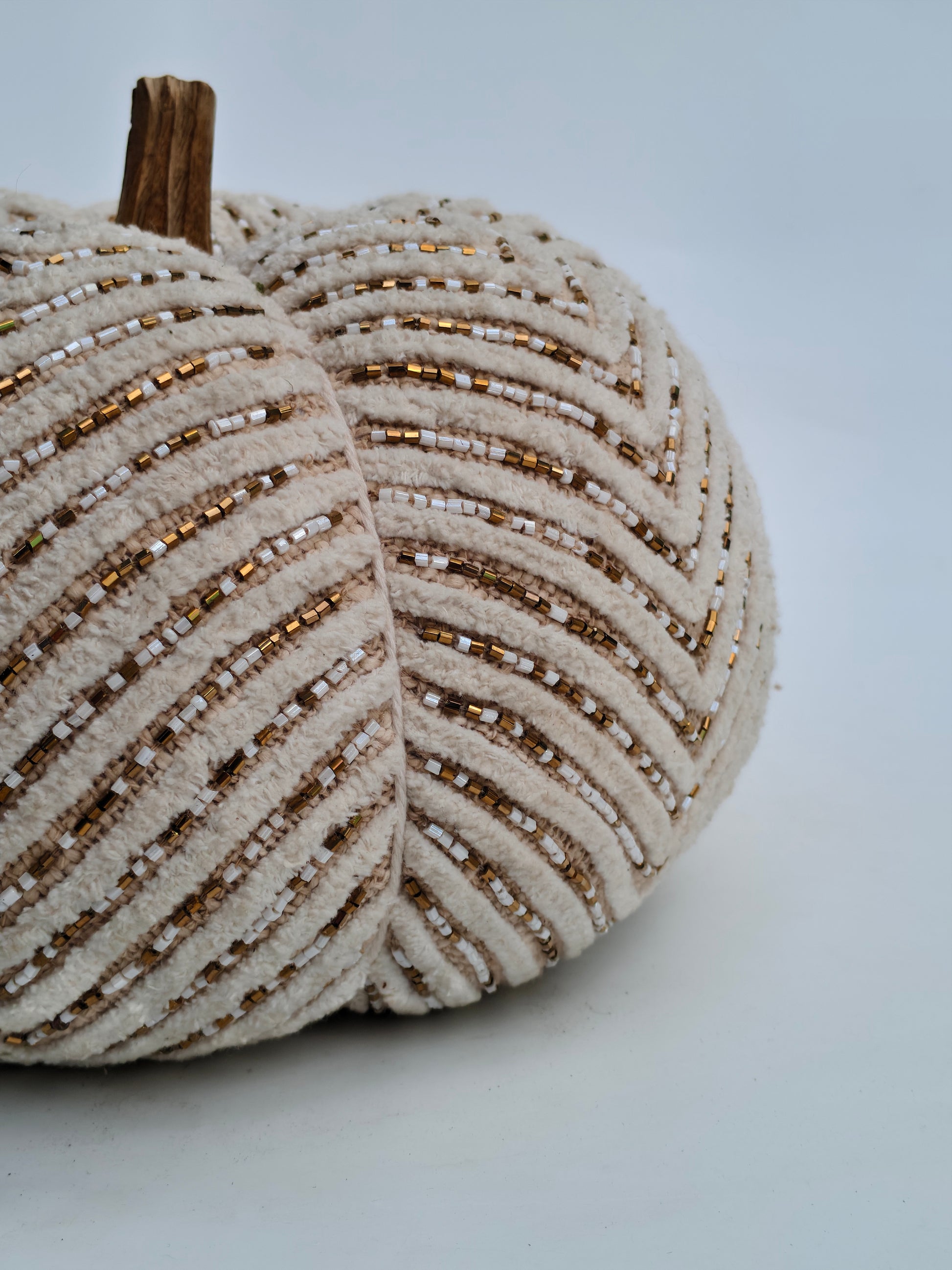Elegant Beaded Decorative Pumpkin – Ivory & Gold Accent