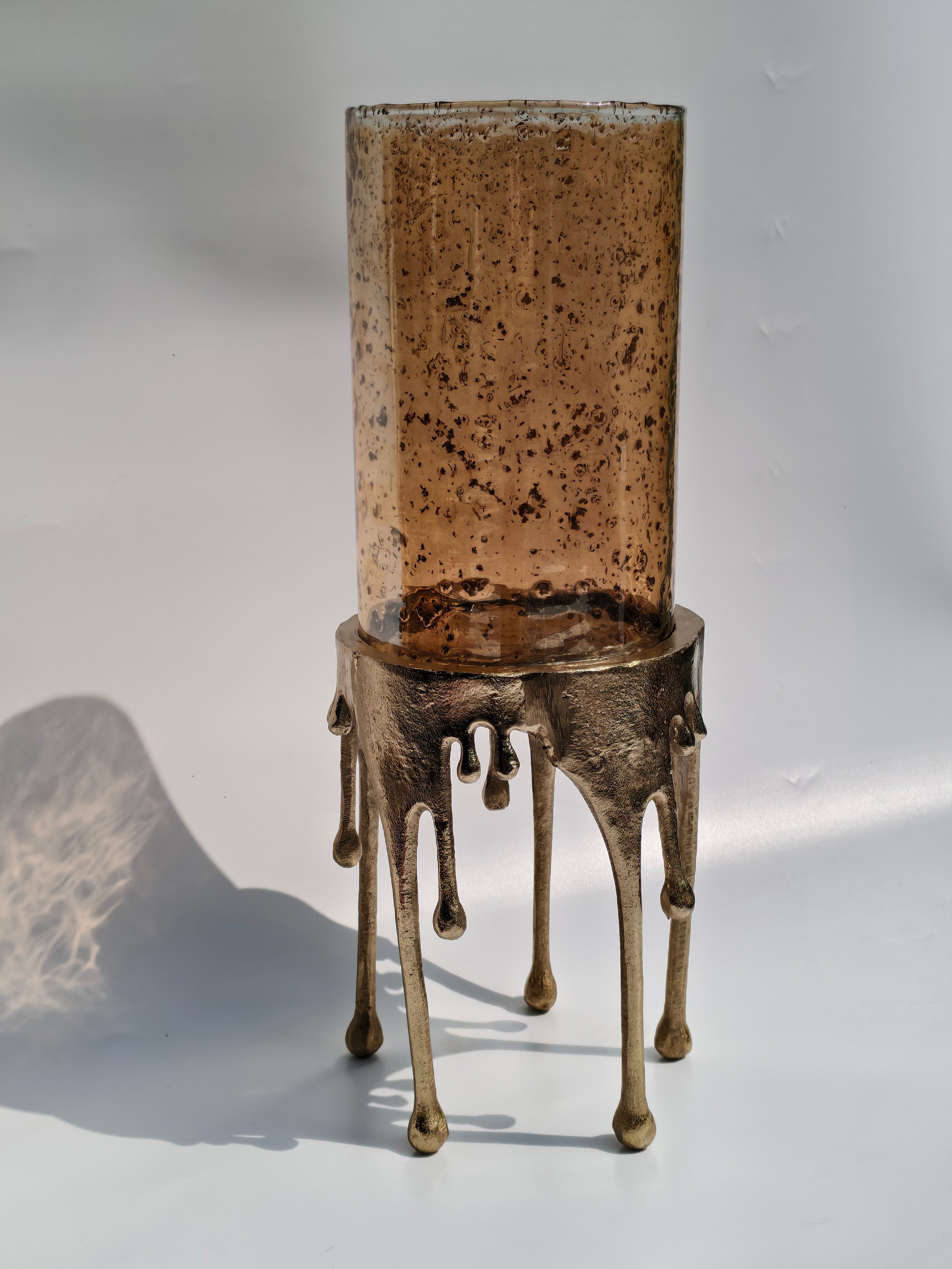 Bronze Drip Stand with Amber Speckled Glass – Artistic Glass Vase & Candle Holder
