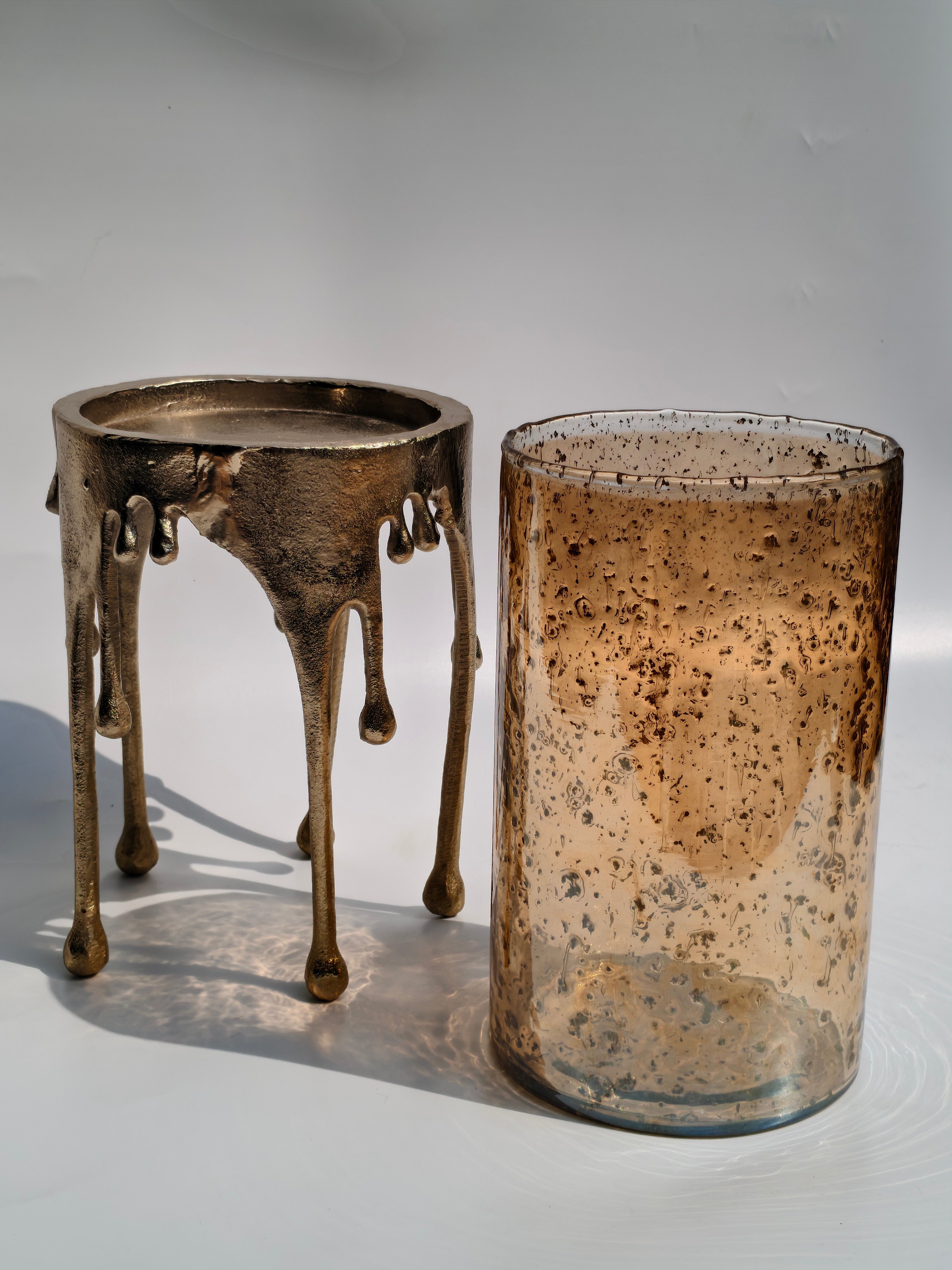 Bronze Drip Stand with Amber Speckled Glass – Artistic Glass Vase & Candle Holder