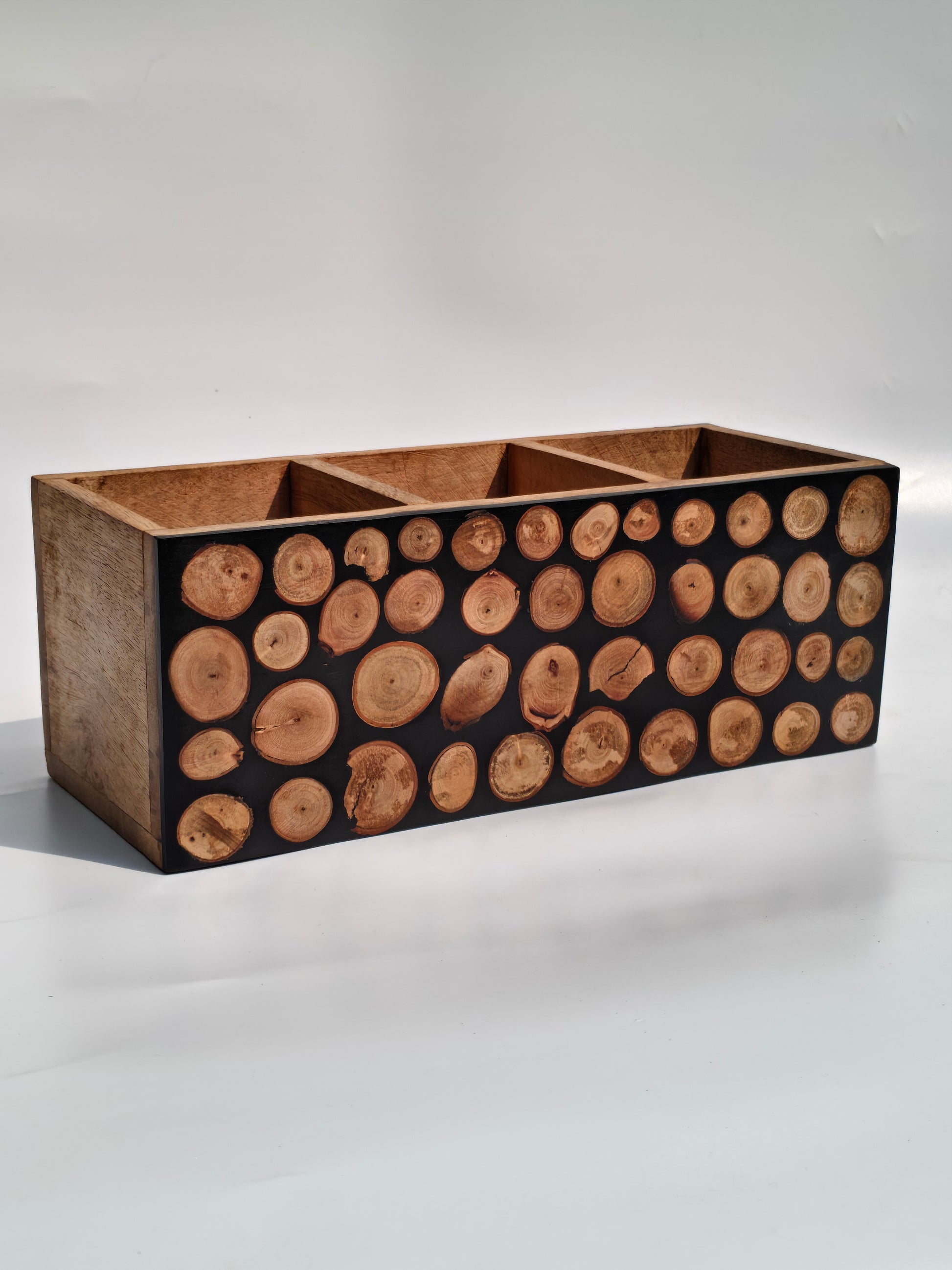 Handcrafted Wood Slice Organizer – Desk & Cutlery Holder with 3 Compartments