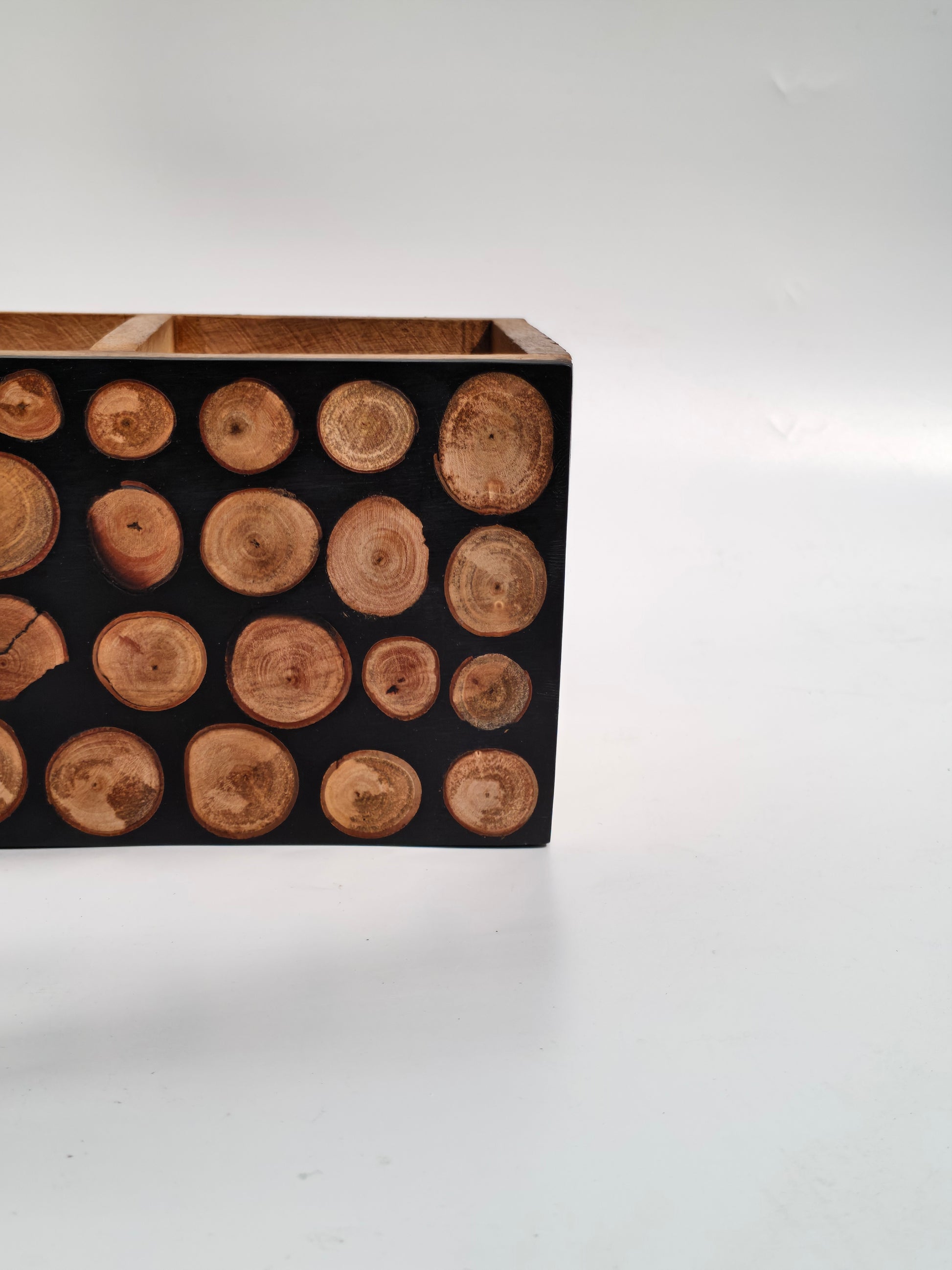 Handcrafted Wood Slice Organizer – Desk & Cutlery Holder with 3 Compartments