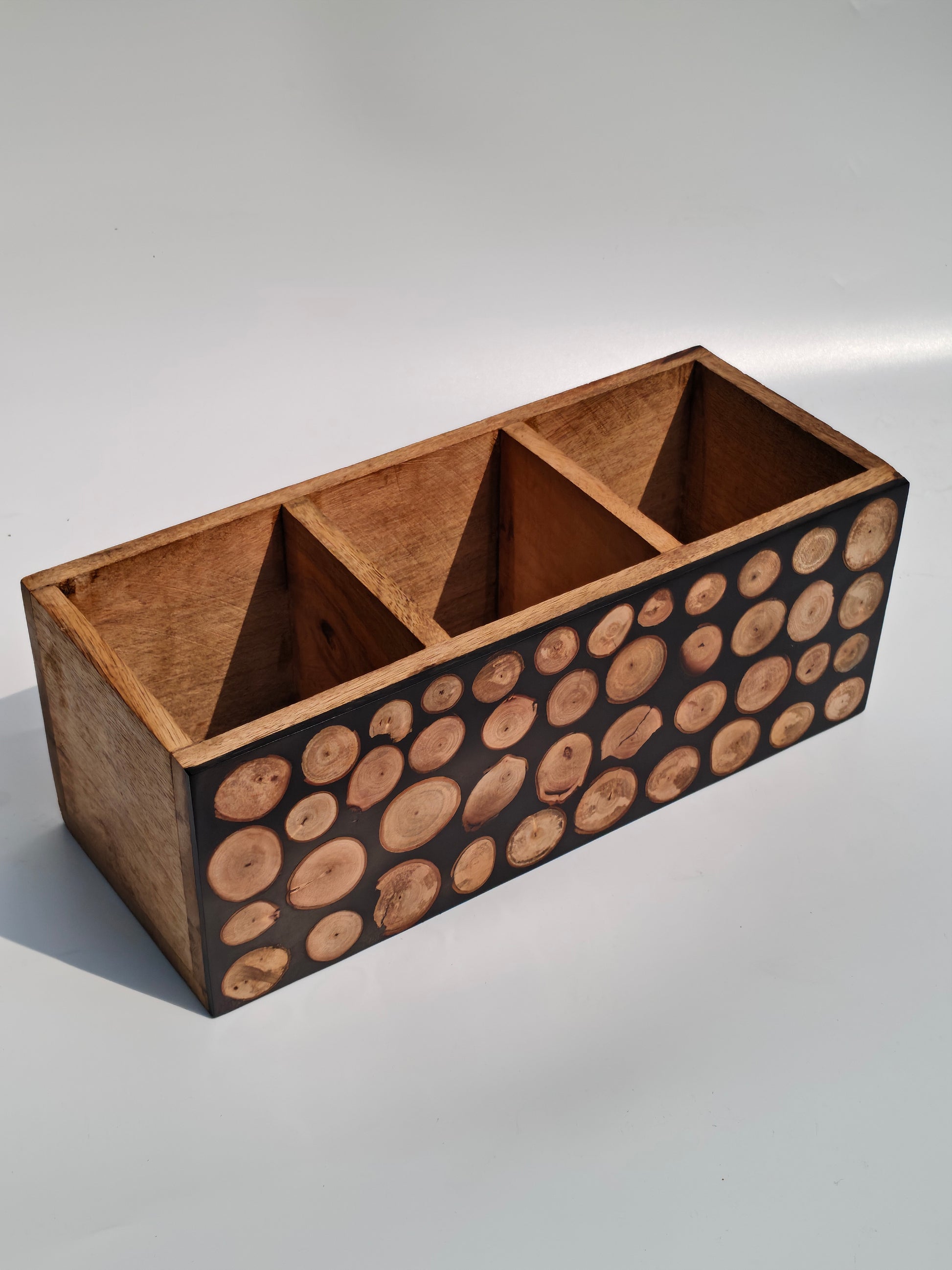 Handcrafted Wood Slice Organizer – Desk & Cutlery Holder with 3 Compartments