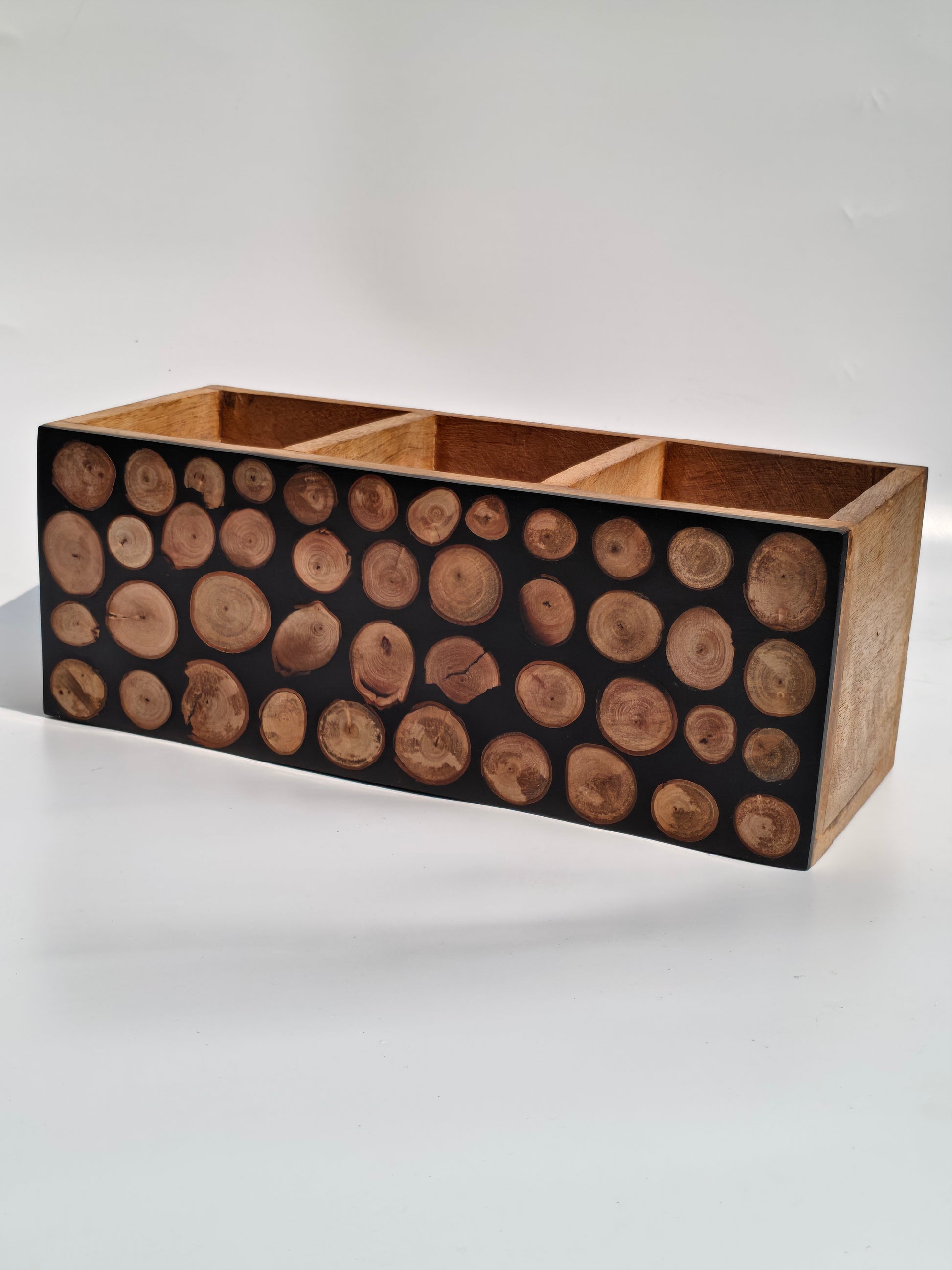 Handcrafted Wood Slice Organizer – Desk & Cutlery Holder with 3 Compartments