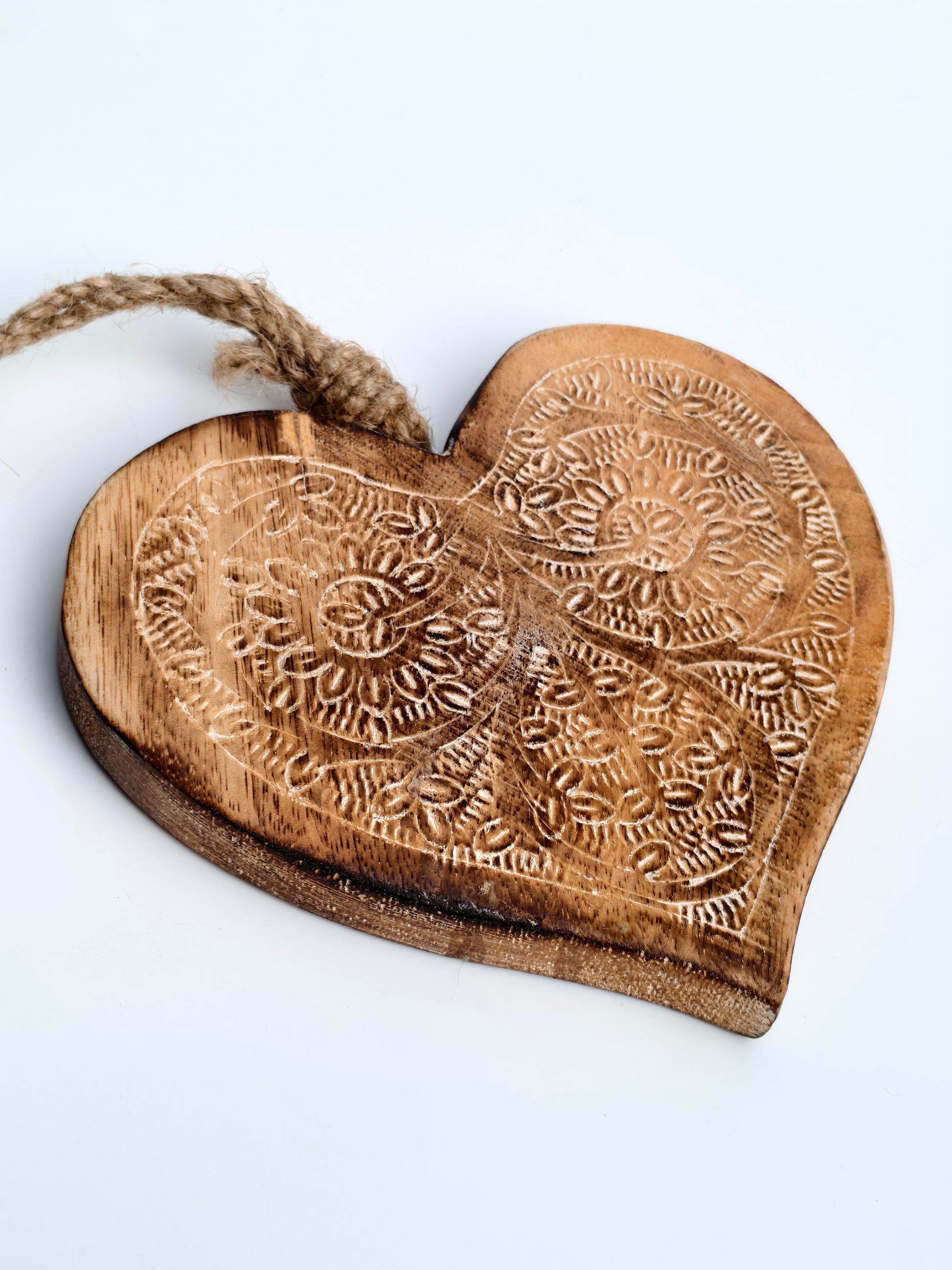Hand-Carved Wooden Heart Hanging Decor | Intricate Mandala Embossed Design