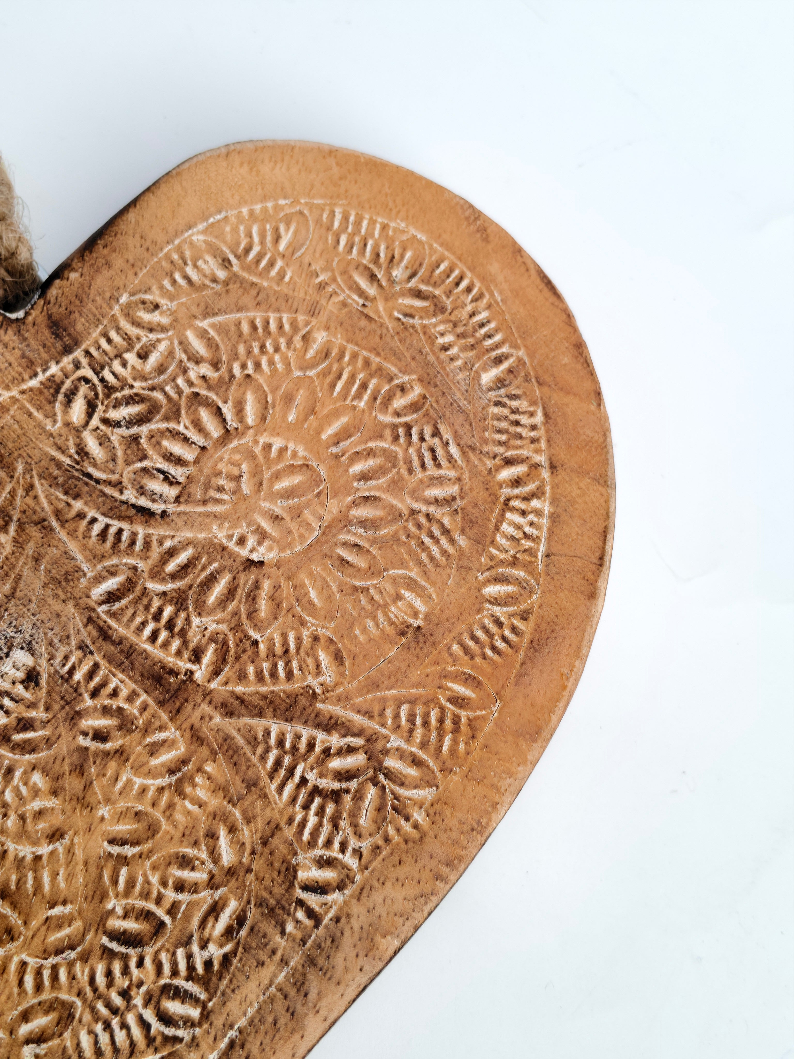 Hand-Carved Wooden Heart Hanging Decor | Intricate Mandala Embossed Design