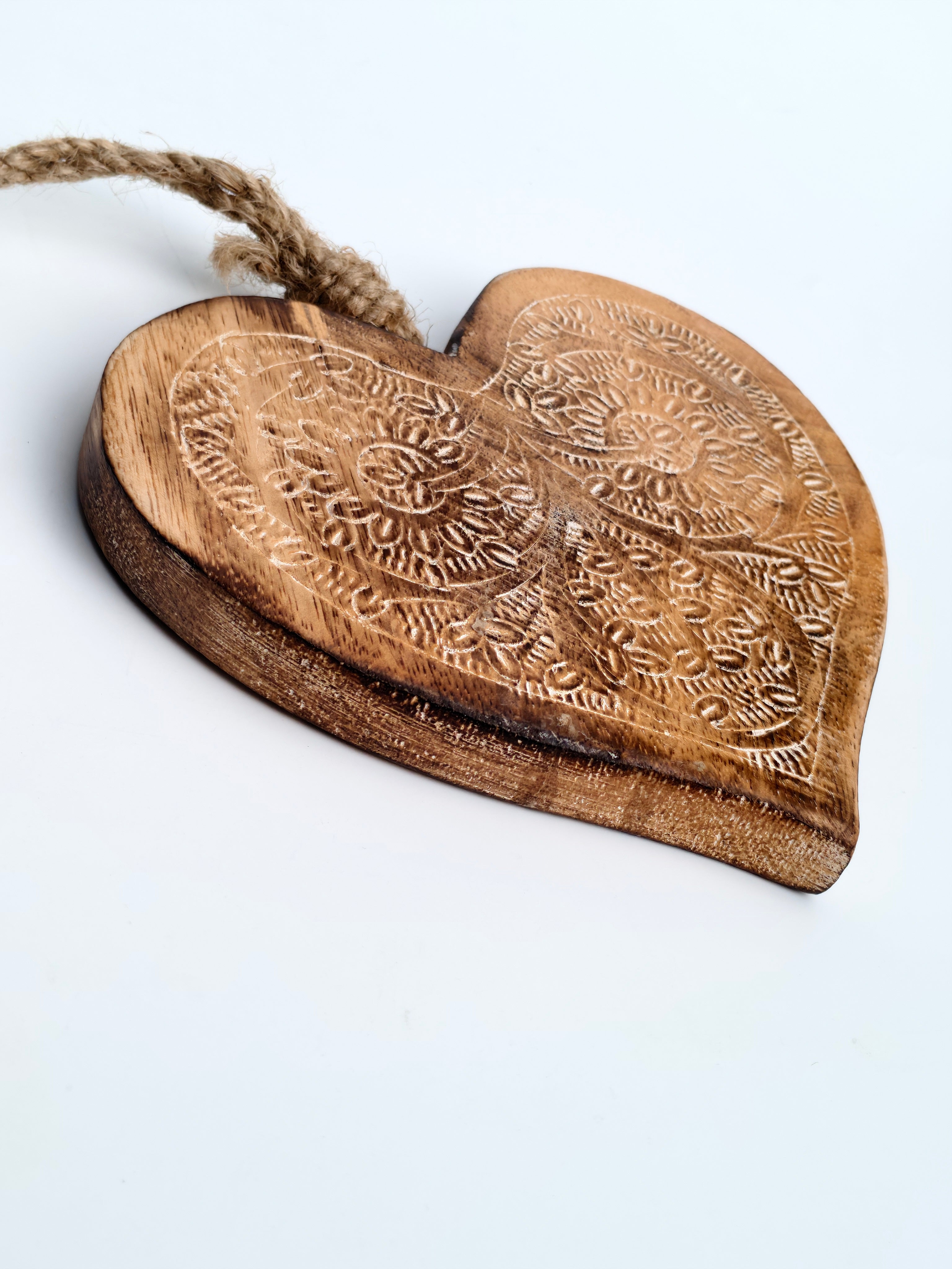 Hand-Carved Wooden Heart Hanging Decor | Intricate Mandala Embossed Design