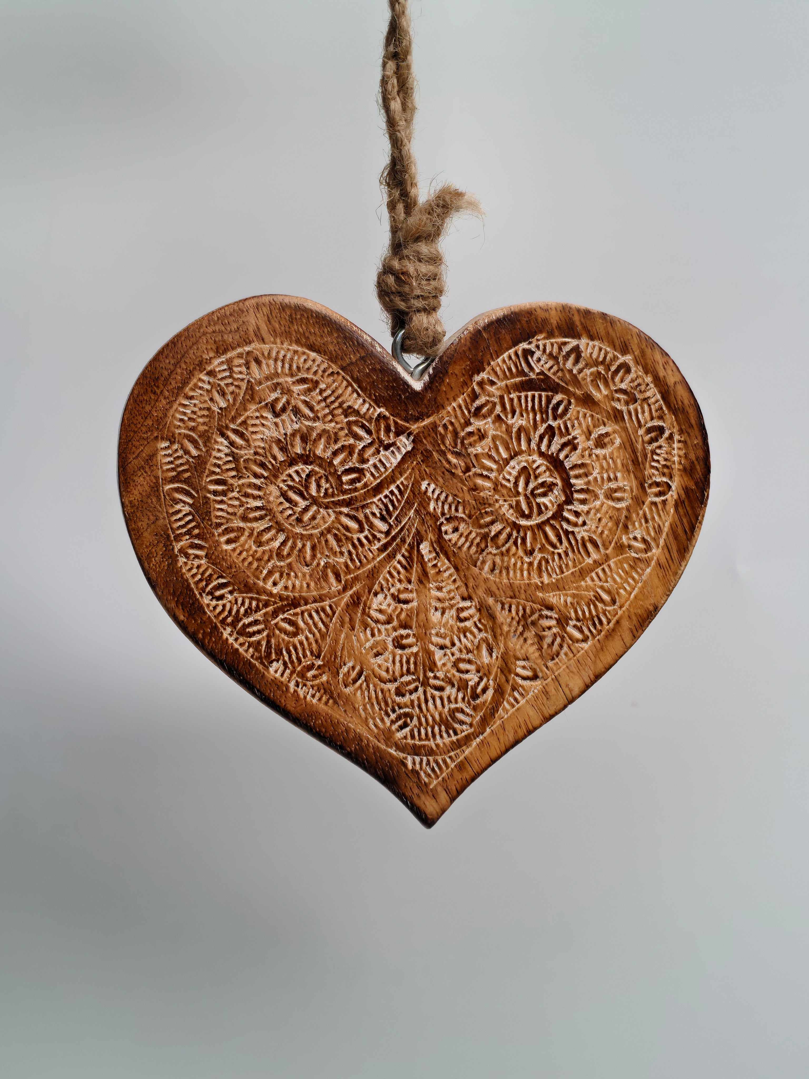 Hand-Carved Wooden Heart Hanging Decor | Intricate Mandala Embossed Design