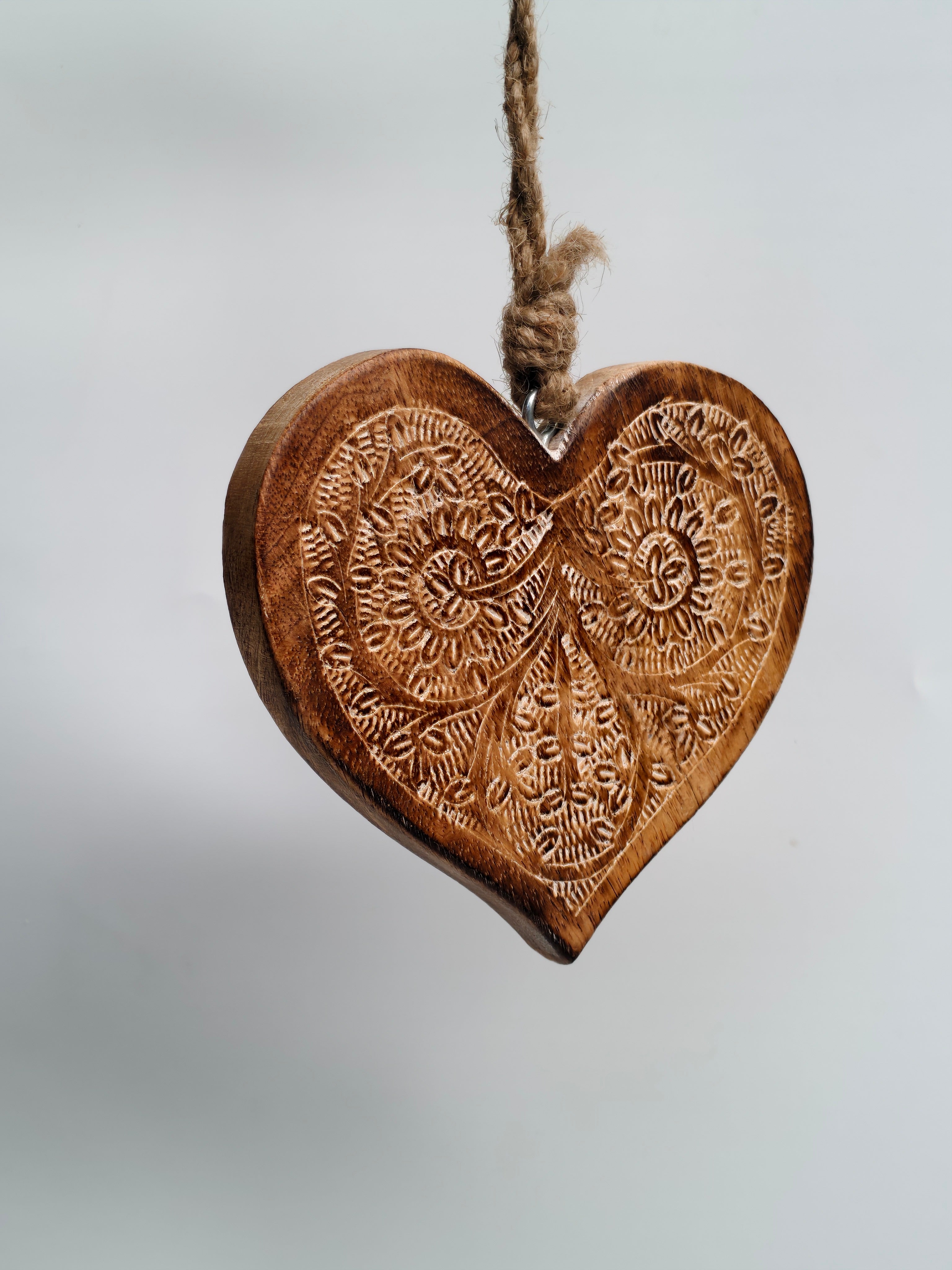 Hand-Carved Wooden Heart Hanging Decor | Intricate Mandala Embossed Design