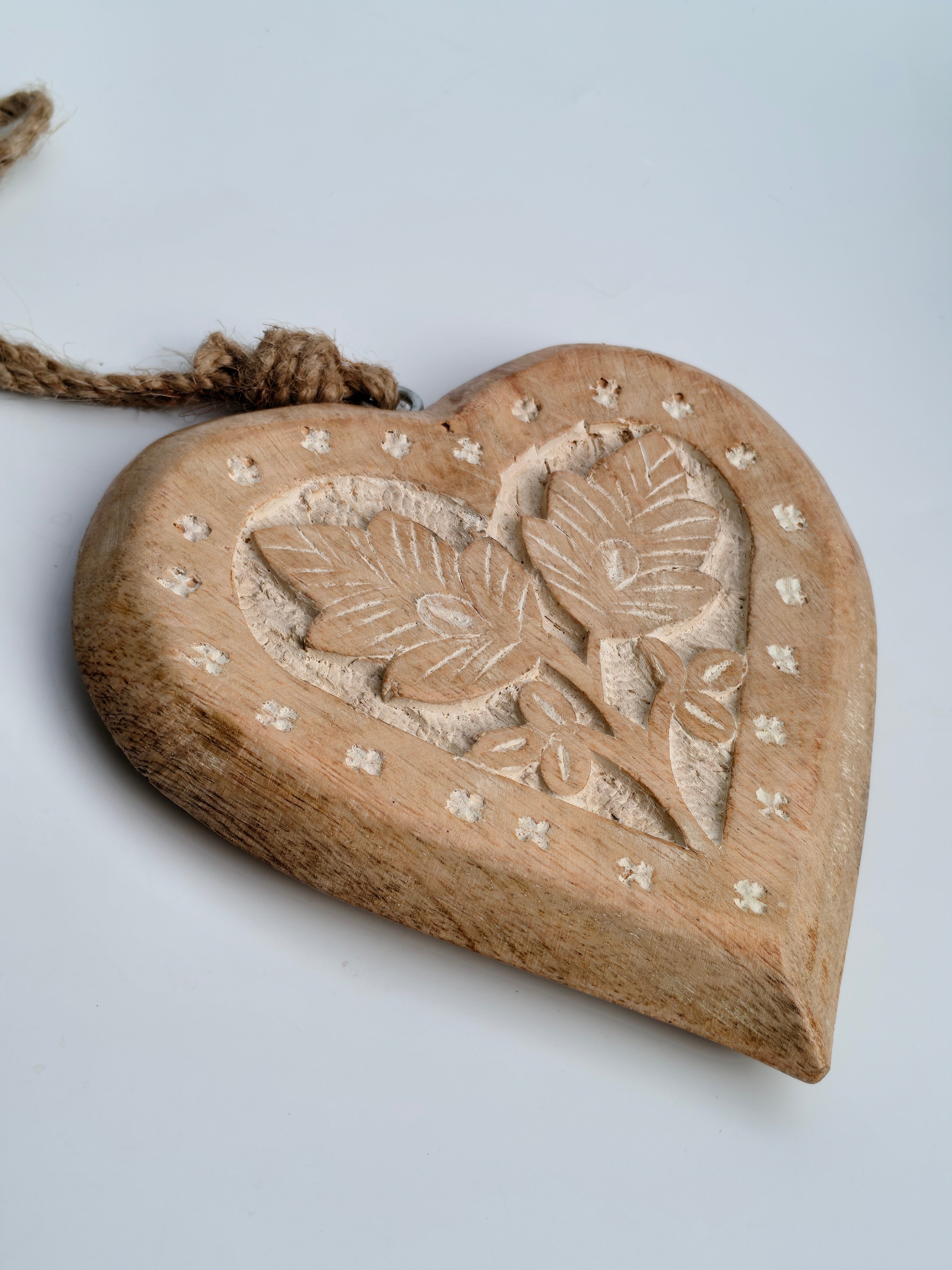Hand-Carved Wooden Heart Wall Decor | Rustic Floral & Leaf Design