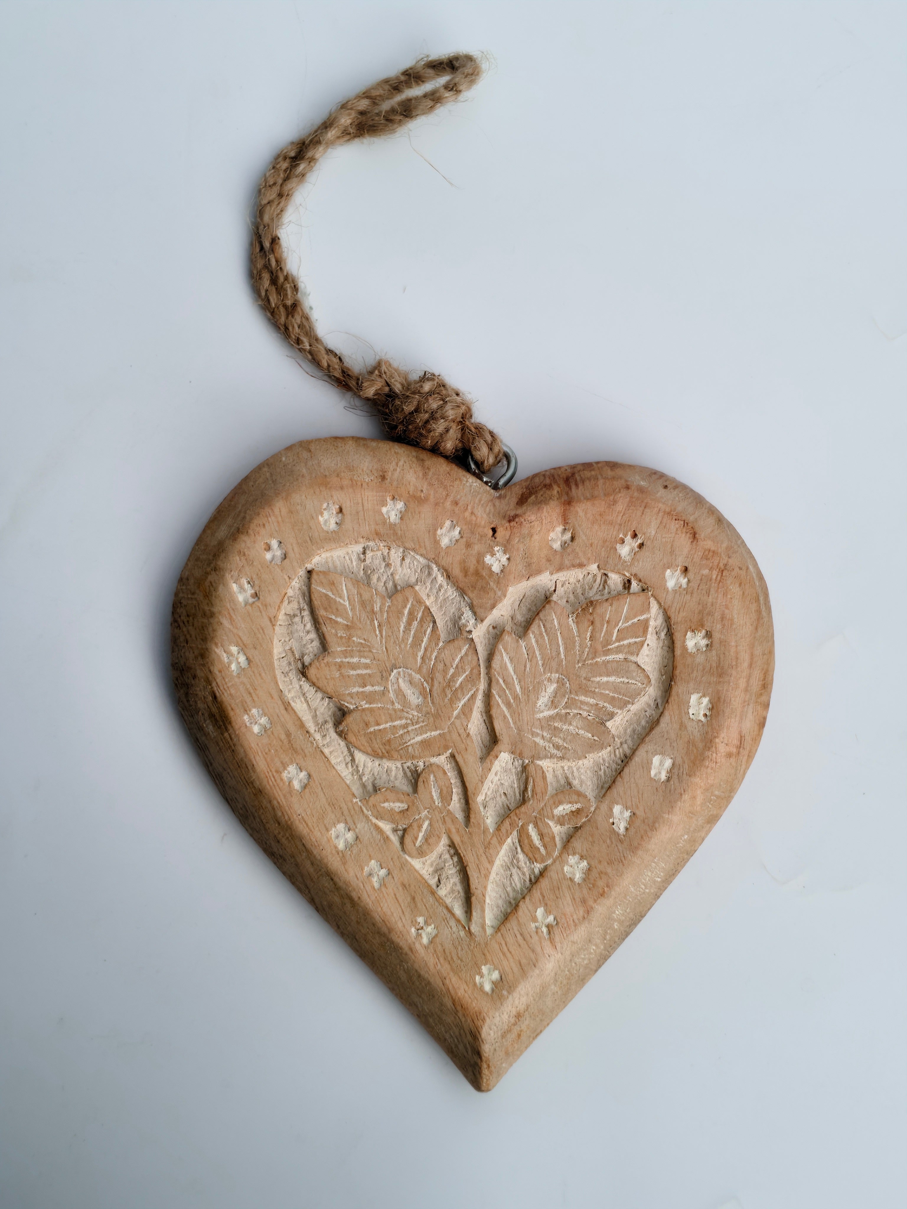 Hand-Carved Wooden Heart Wall Decor | Rustic Floral & Leaf Design