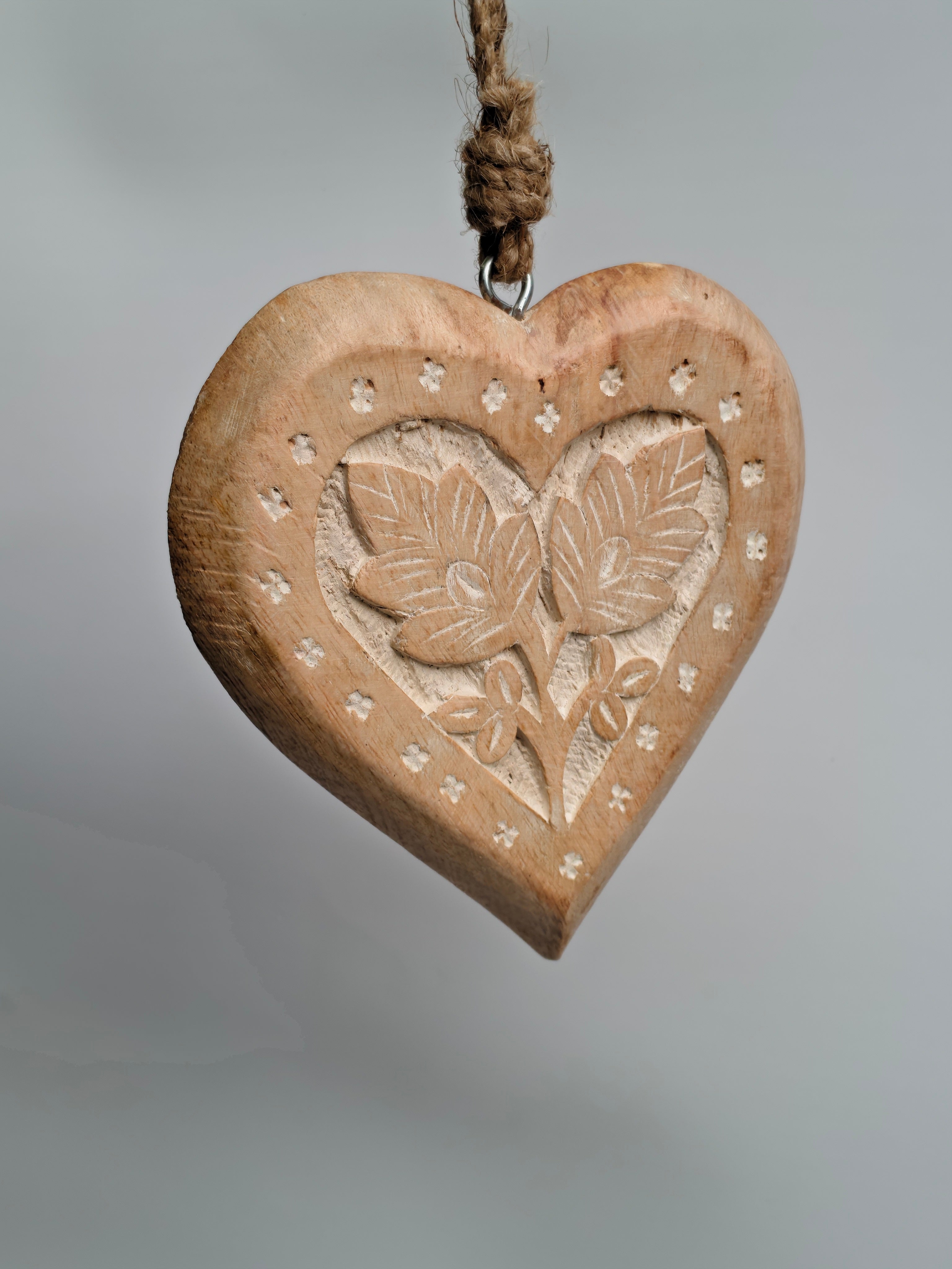 Hand-Carved Wooden Heart Wall Decor | Rustic Floral & Leaf Design