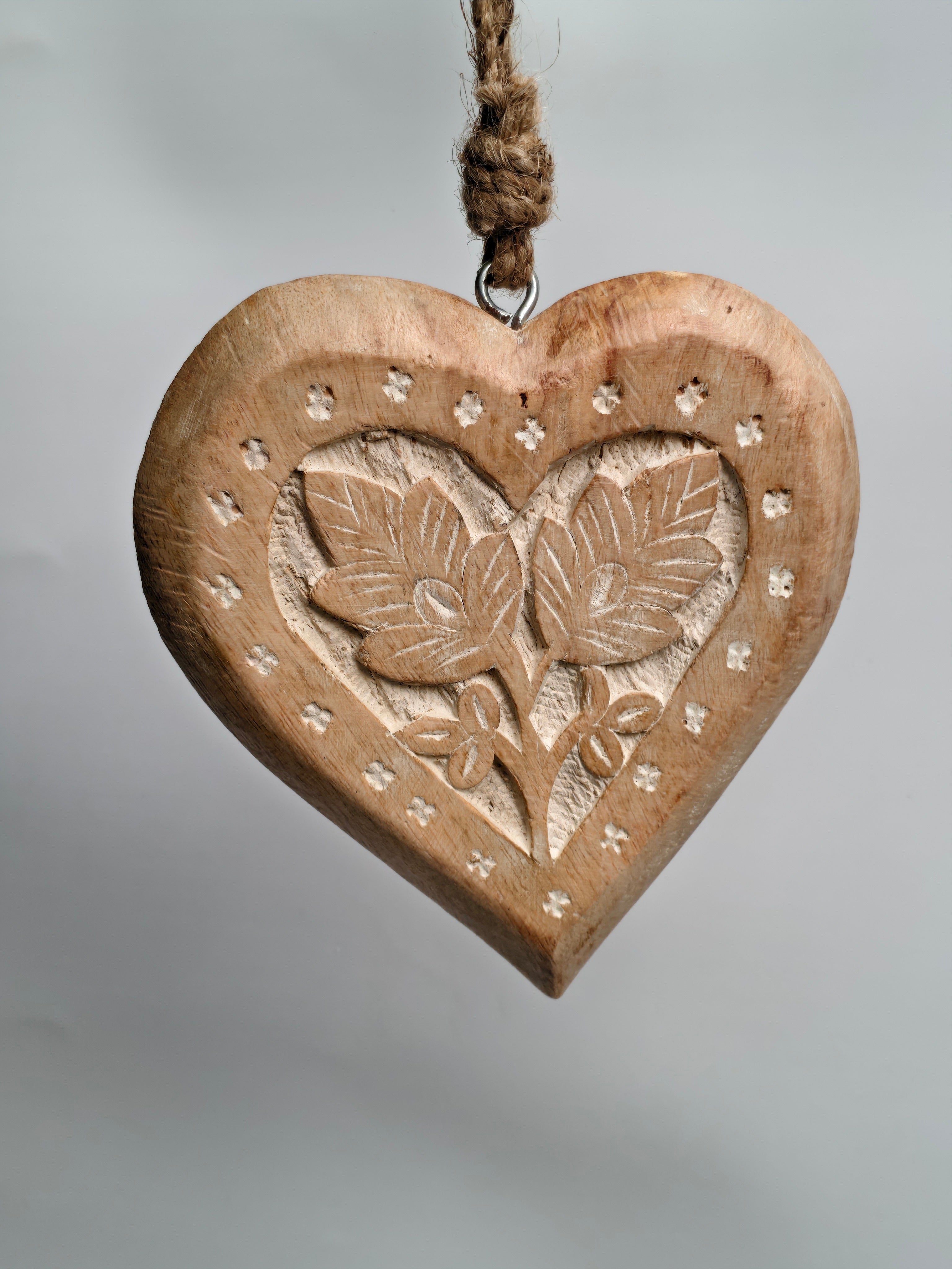 Hand-Carved Wooden Heart Wall Decor | Rustic Floral & Leaf Design