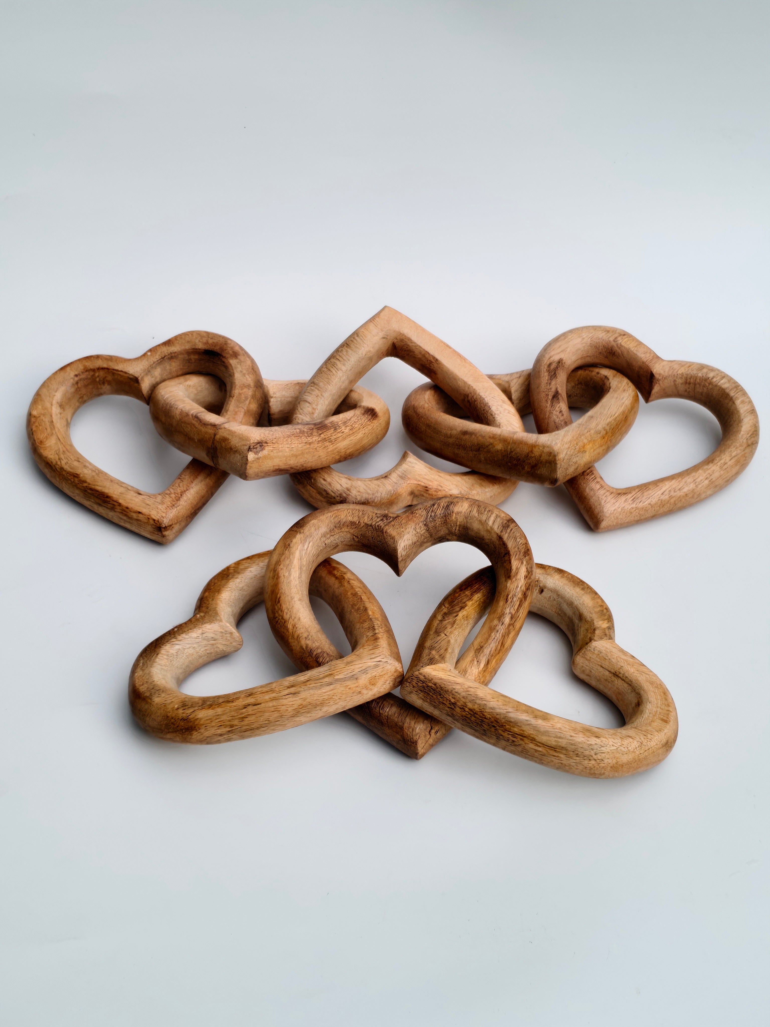 Hand-Carved Interlocking Wooden Hearts Chain \ Hanging & Tabletop Sculpture