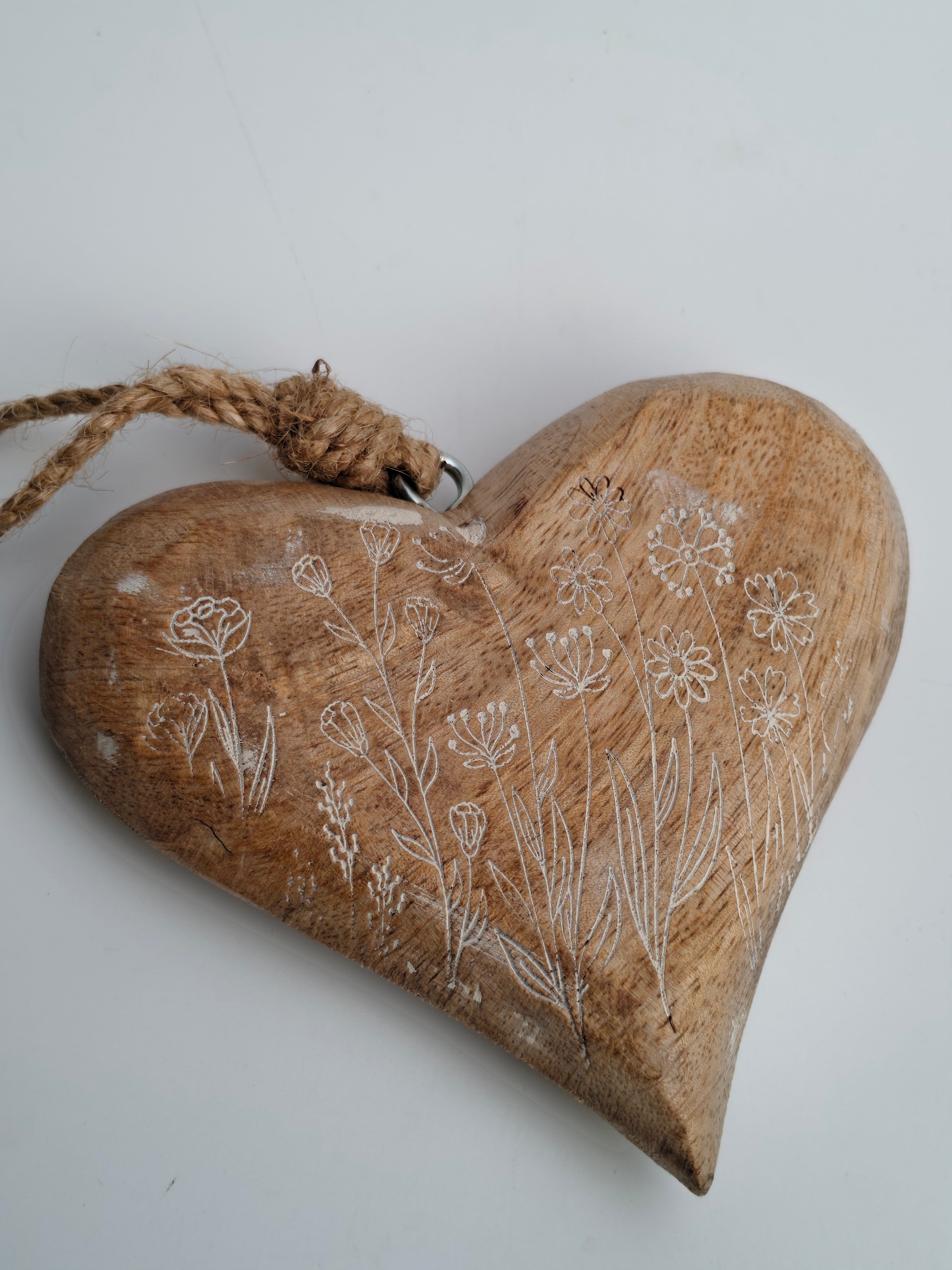 Hand-Carved Wooden Heart Hanging Decor | Delicate Wildflower Design