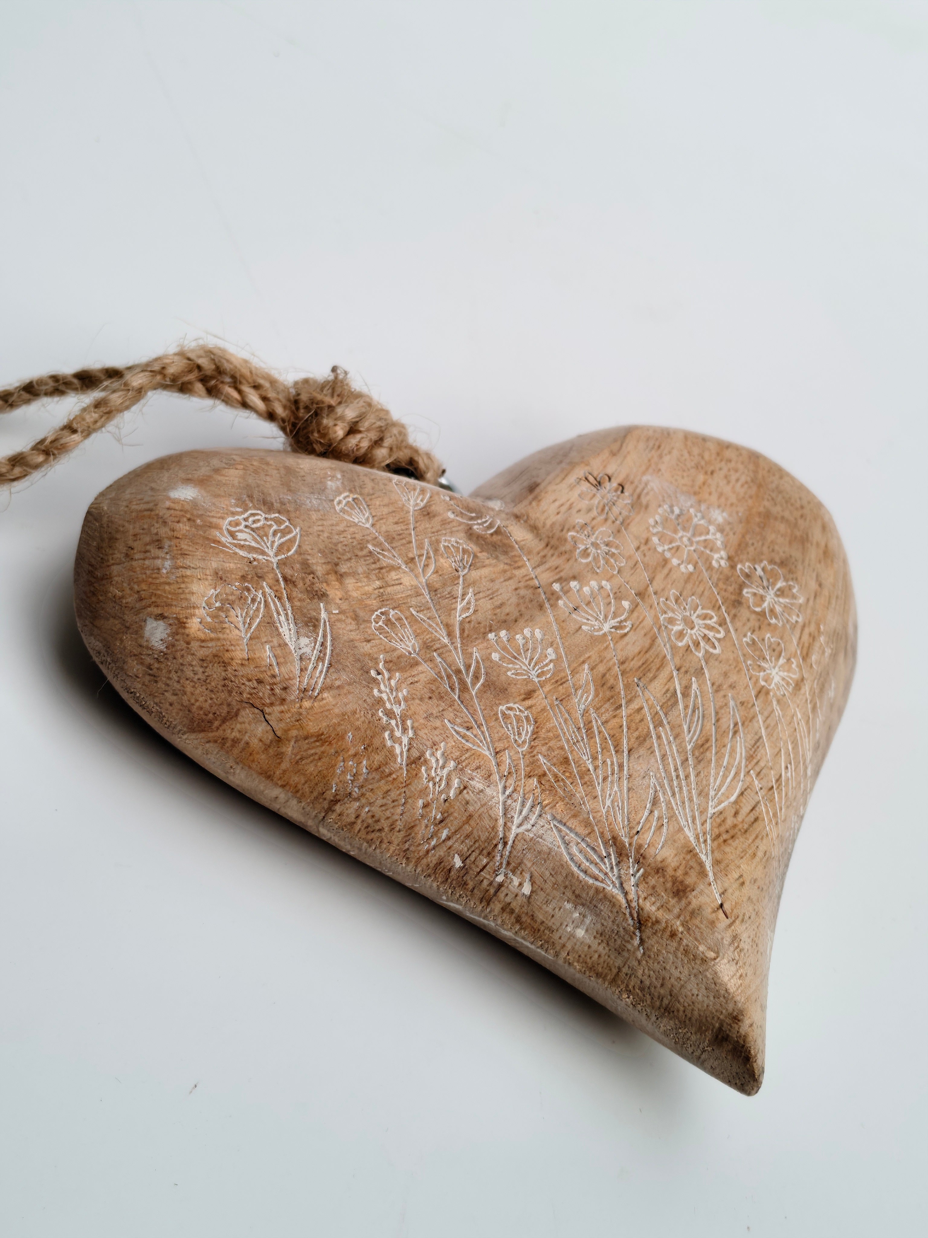 Hand-Carved Wooden Heart Hanging Decor | Delicate Wildflower Design