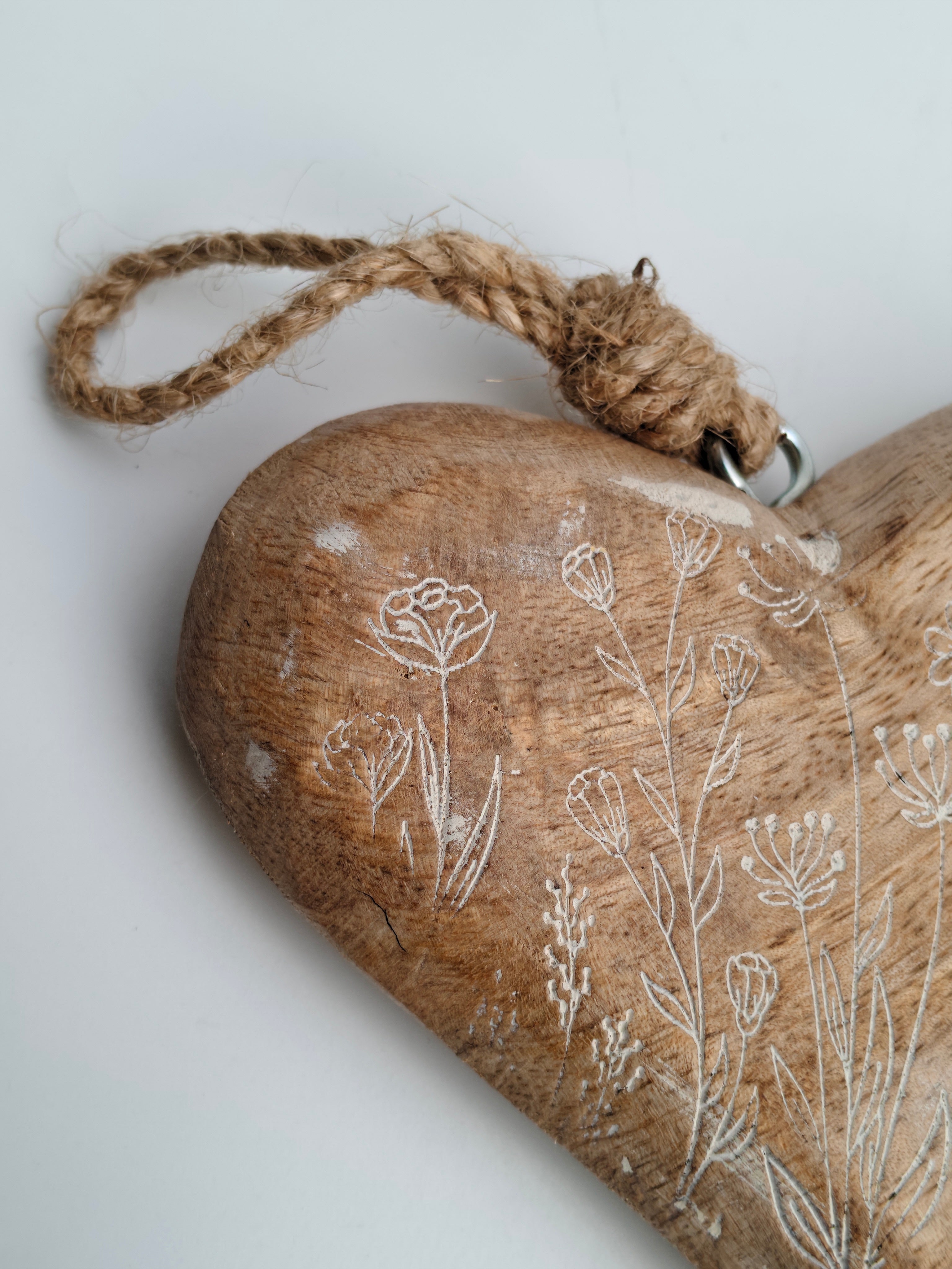 Hand-Carved Wooden Heart Hanging Decor | Delicate Wildflower Design
