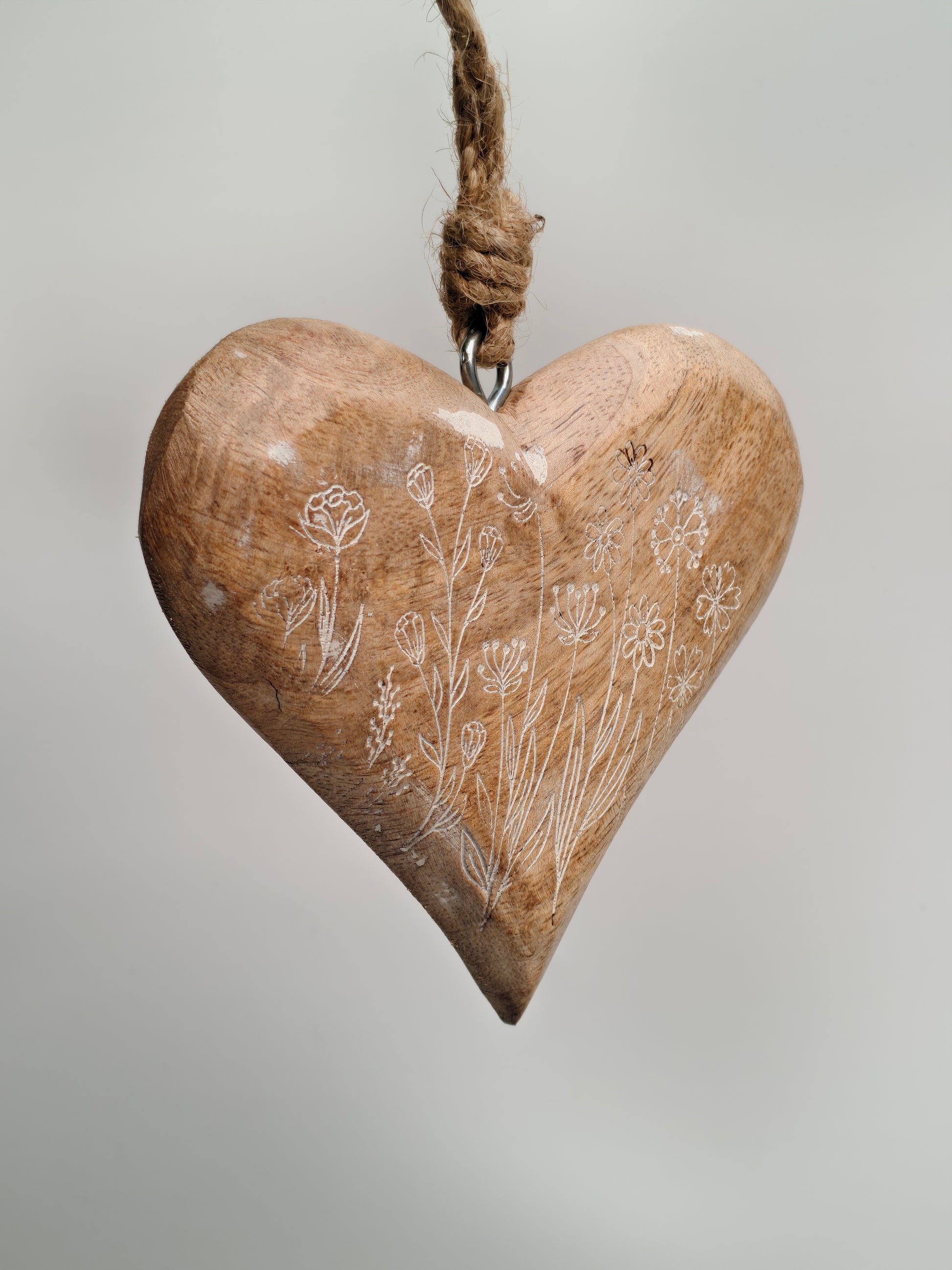 Hand-Carved Wooden Heart Hanging Decor | Delicate Wildflower Design