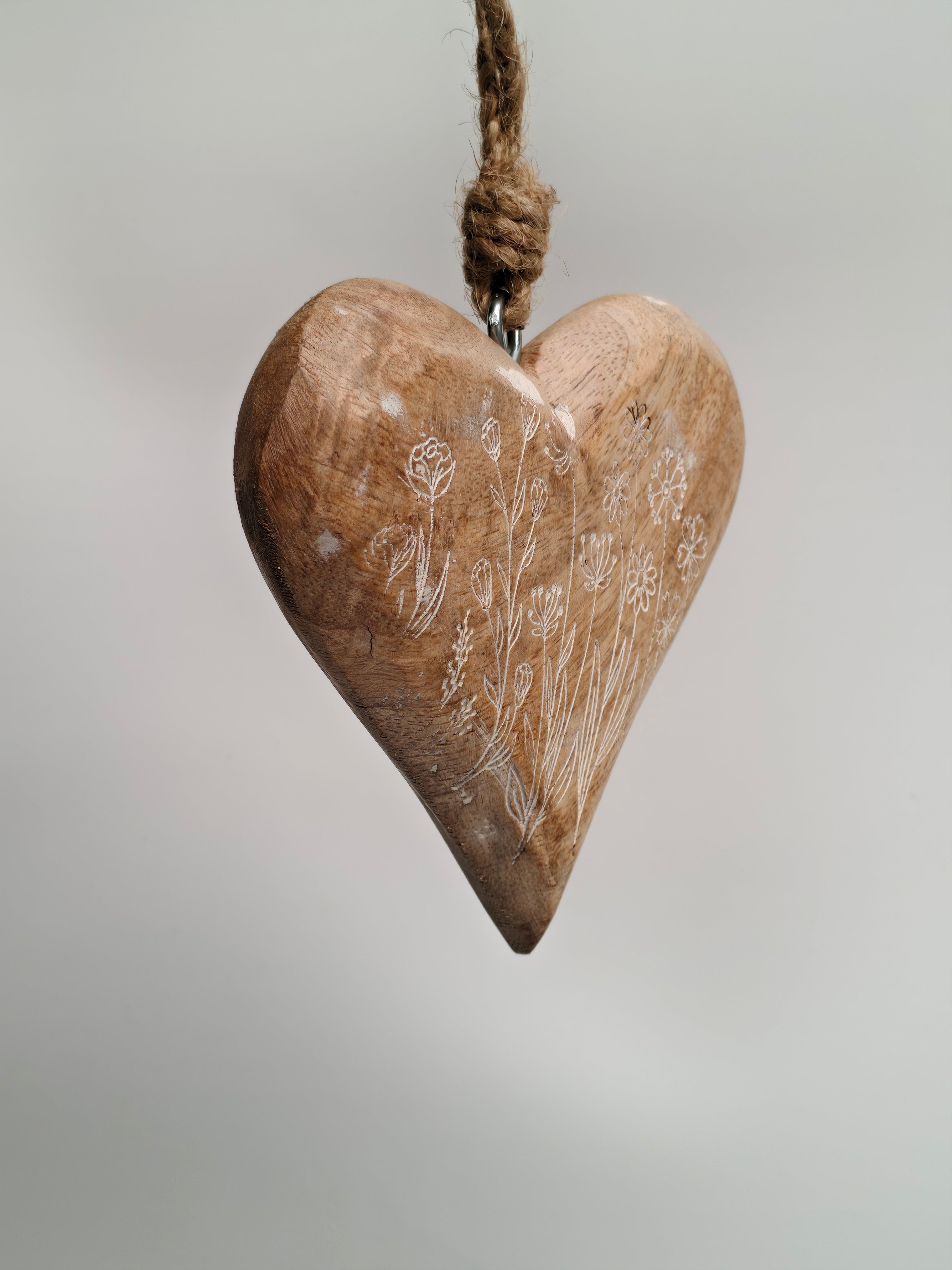 Hand-Carved Wooden Heart Hanging Decor | Delicate Wildflower Design