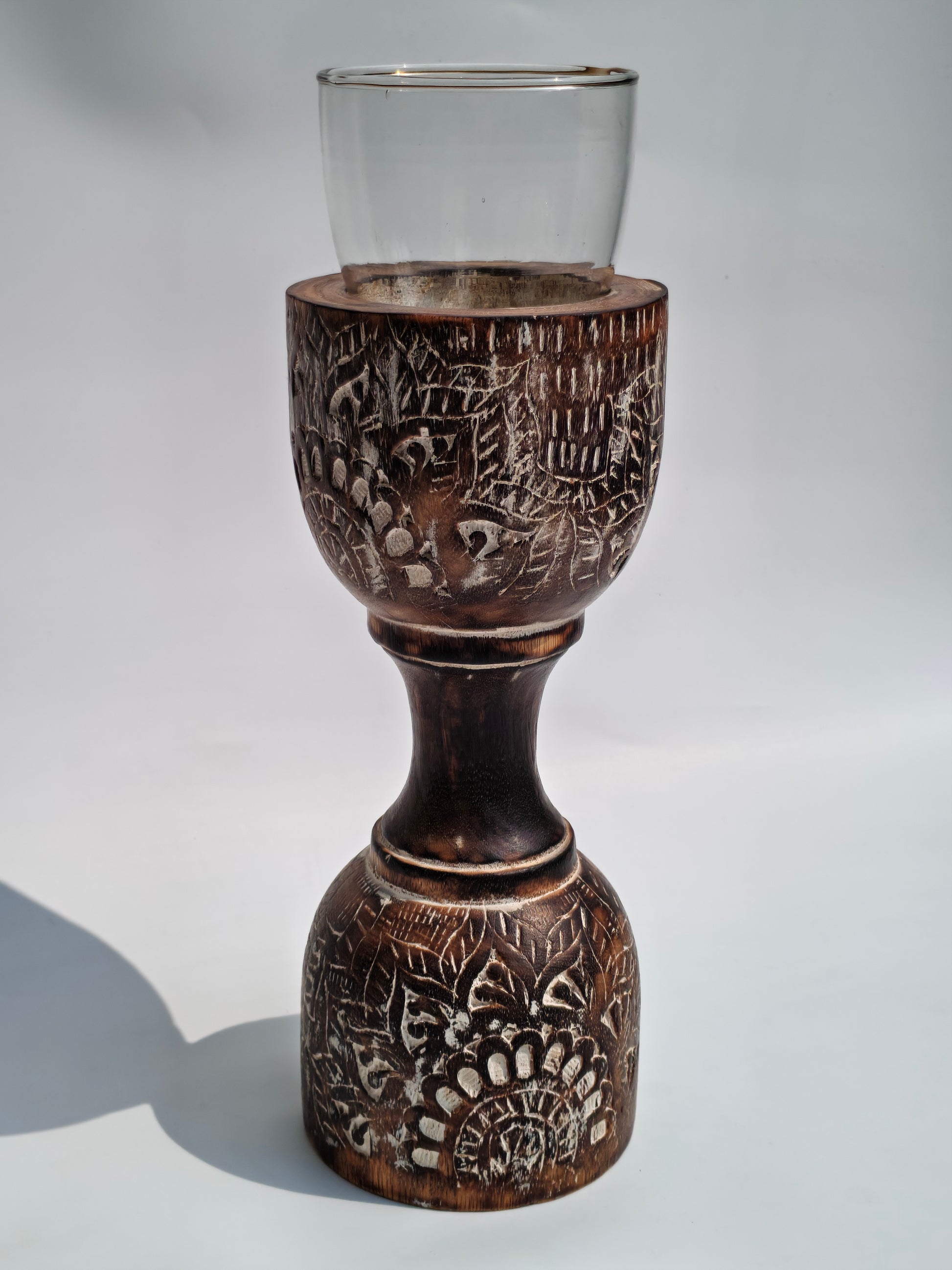 Hand-Carved Wooden Candle Holder with Glass Top – Vintage Botanical Design