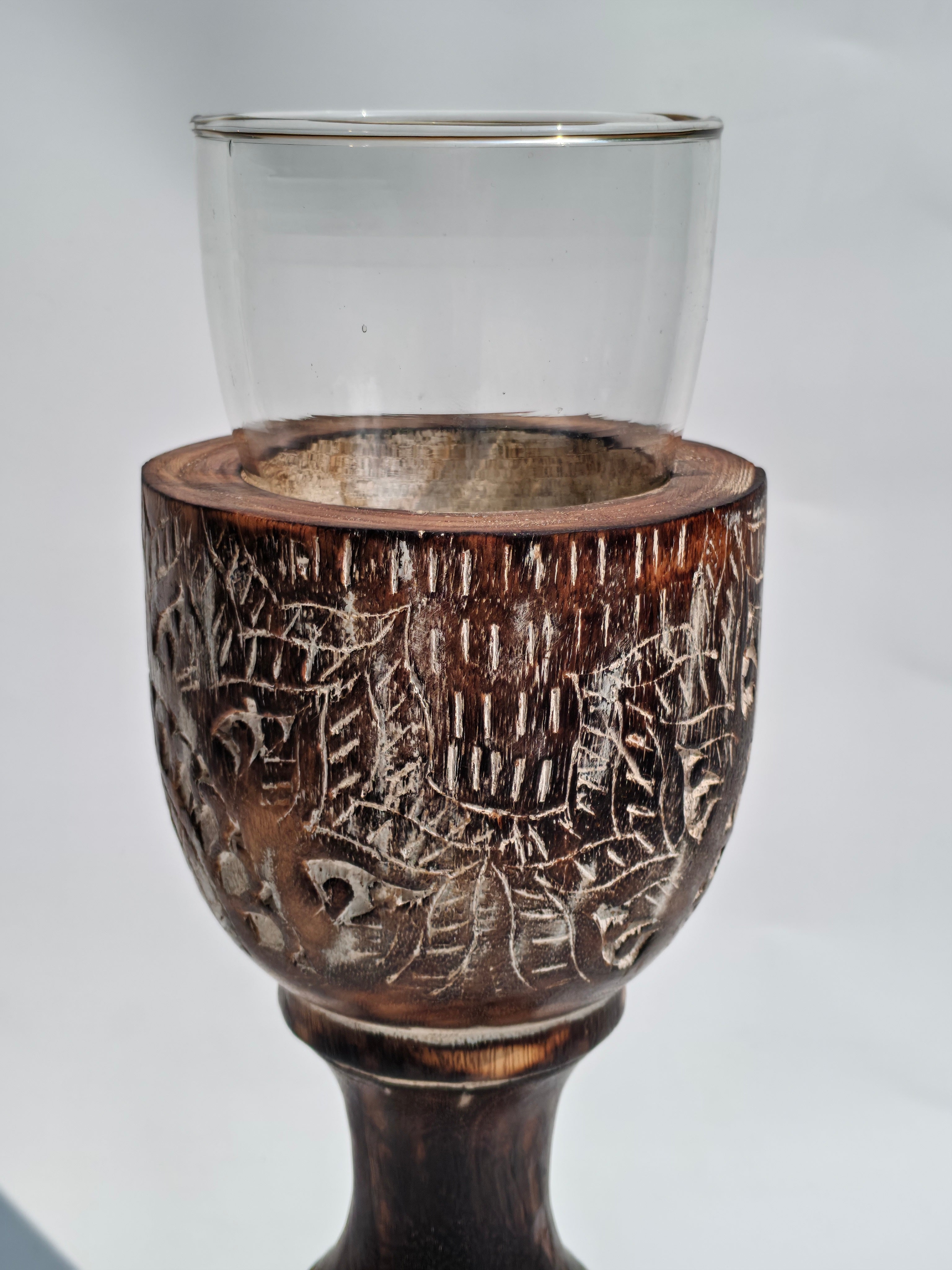 Hand-Carved Wooden Candle Holder with Glass Top – Vintage Botanical Design