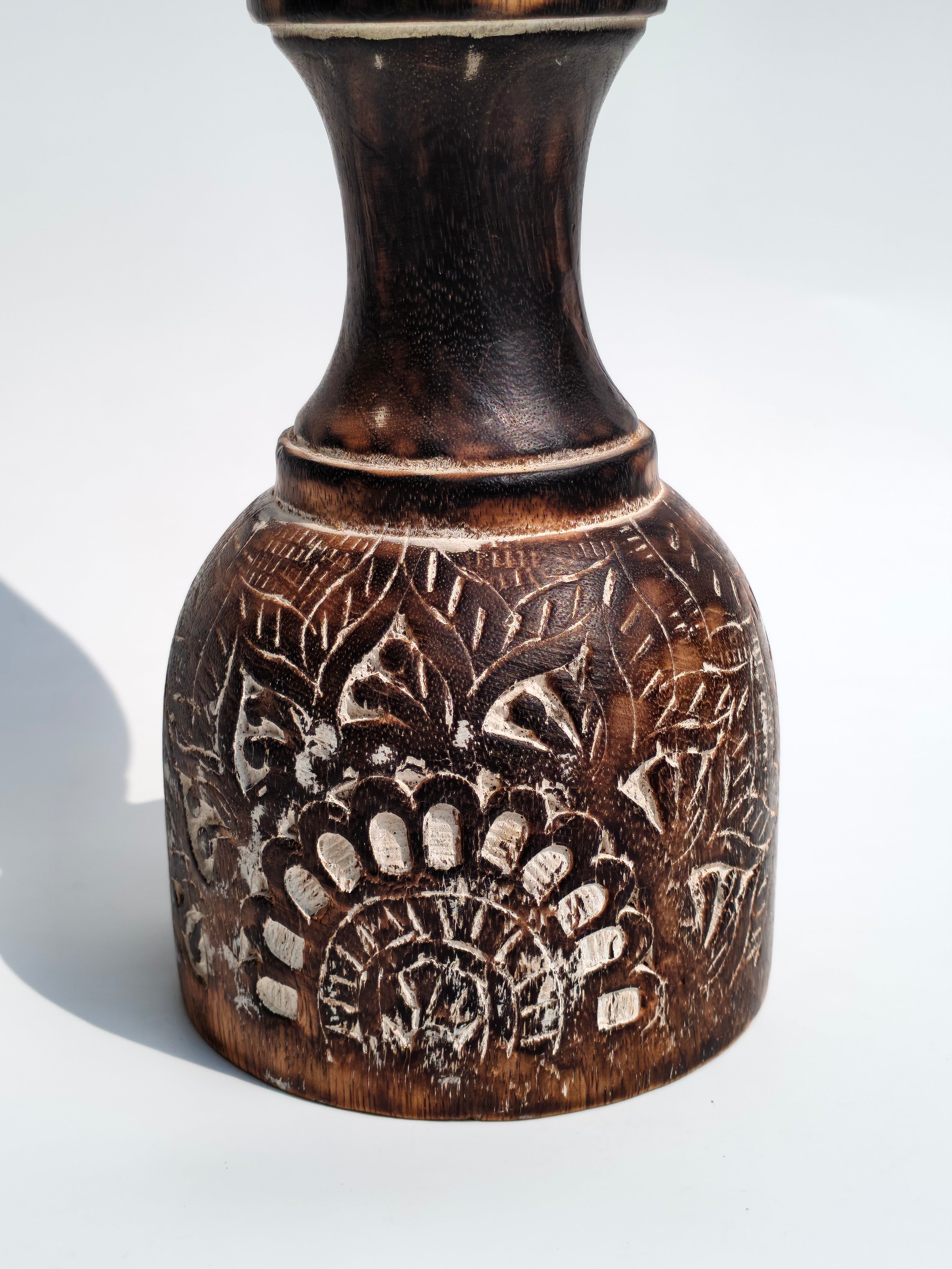 Hand-Carved Wooden Candle Holder with Glass Top – Vintage Botanical Design