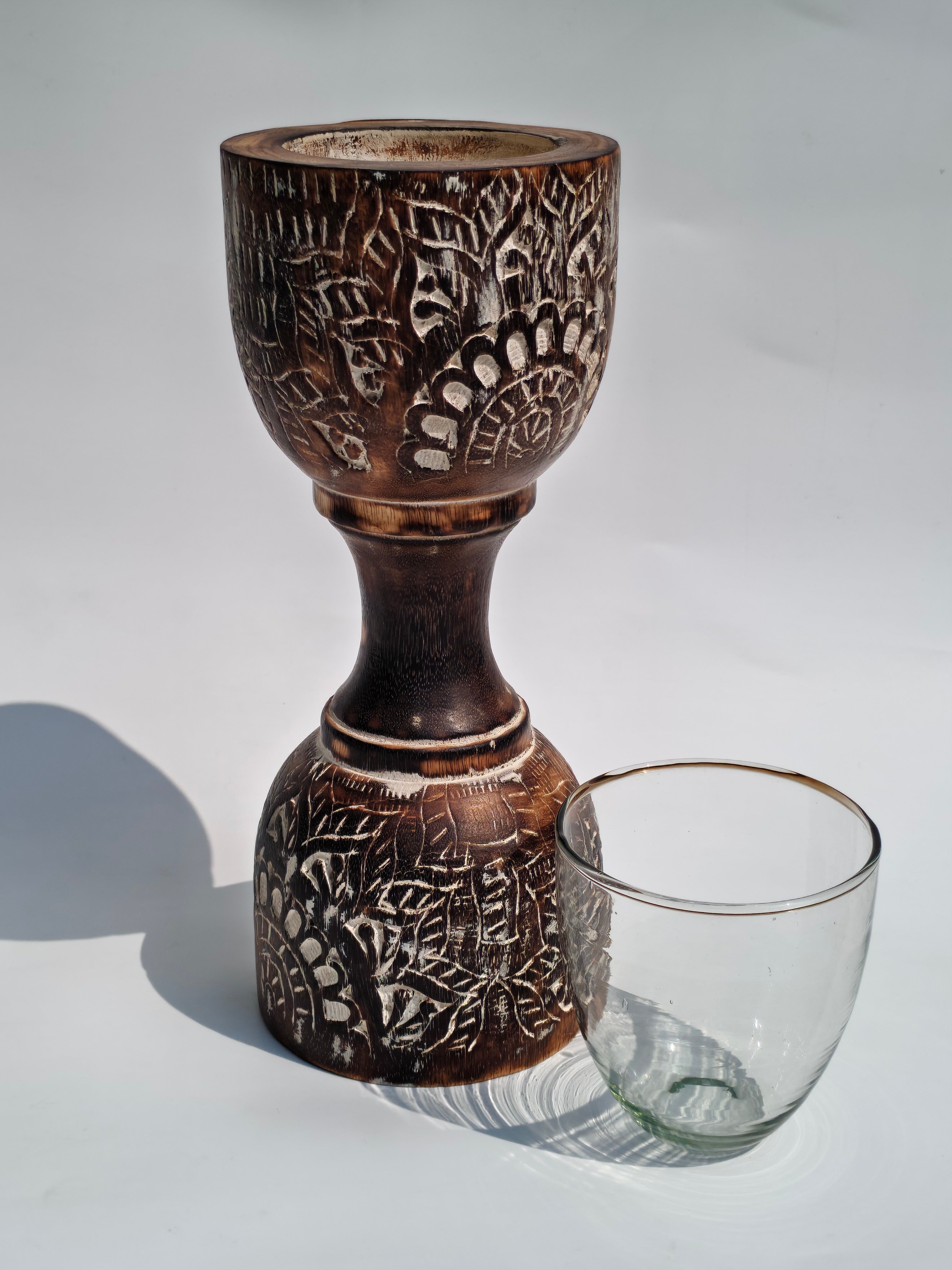 Hand-Carved Wooden Candle Holder with Glass Top – Vintage Botanical Design