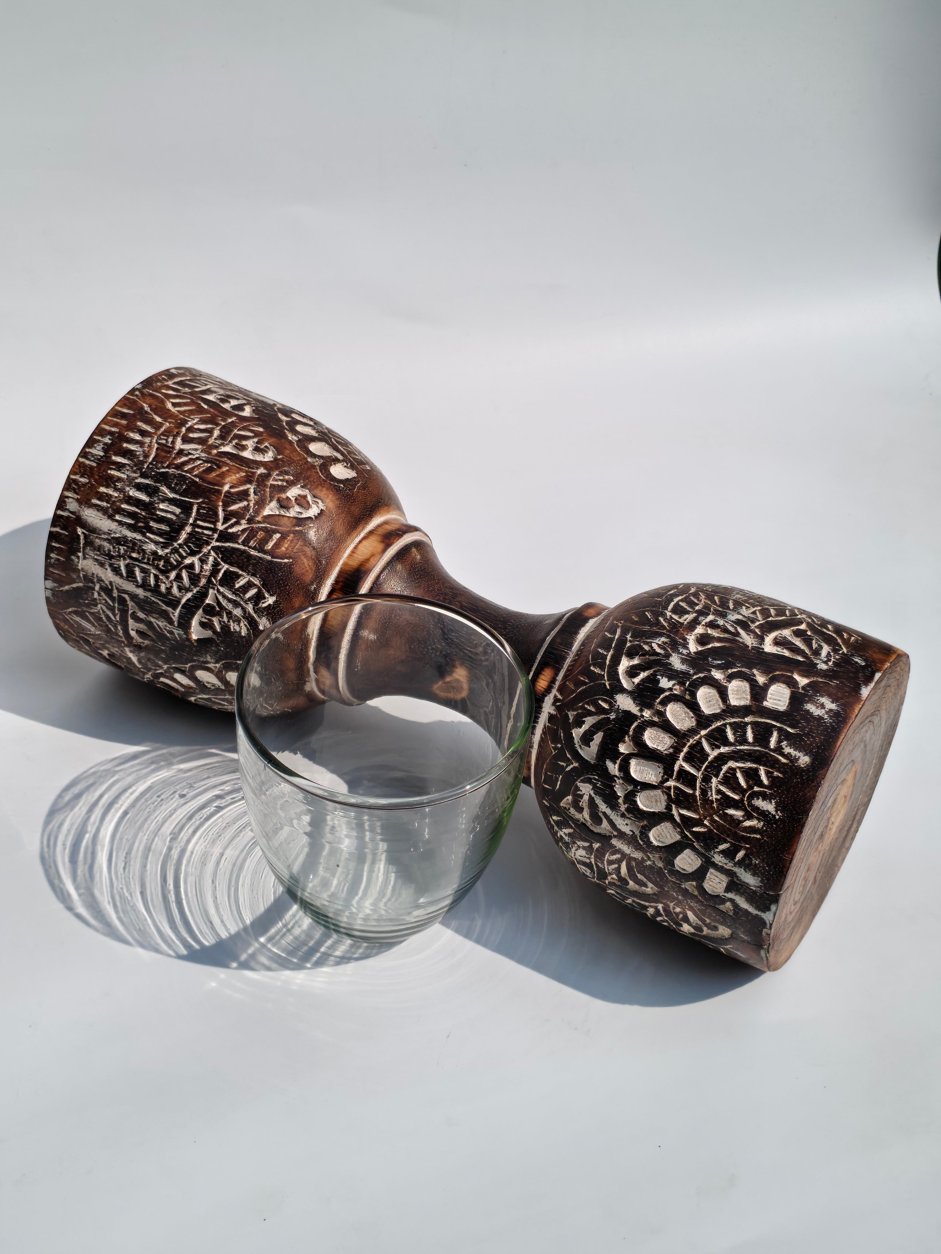 Hand-Carved Wooden Candle Holder with Glass Top – Vintage Botanical Design